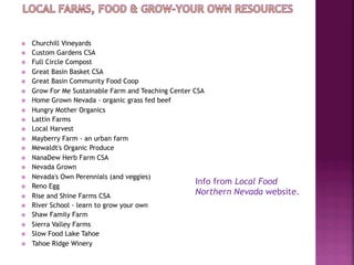 ž    Churchill Vineyards
ž    Custom Gardens CSA
ž    Full Circle Compost
ž    Great Basin Basket CSA
ž    Great Basin Community Food Coop
ž    Grow For Me Sustainable Farm and Teaching Center CSA
ž    Home Grown Nevada - organic grass fed beef
ž    Hungry Mother Organics
ž    Lattin Farms
ž    Local Harvest
ž    Mayberry Farm - an urban farm
ž    Mewaldt's Organic Produce
ž    NanaDew Herb Farm CSA
ž    Nevada Grown
ž    Nevada's Own Perennials (and veggies)
ž    Reno Egg
                                                        Info from Local Food
ž    Rise and Shine Farms CSA
                                                        Northern Nevada website.
ž    River School - learn to grow your own
ž    Shaw Family Farm
ž    Sierra Valley Farms
ž    Slow Food Lake Tahoe
ž    Tahoe Ridge Winery
 