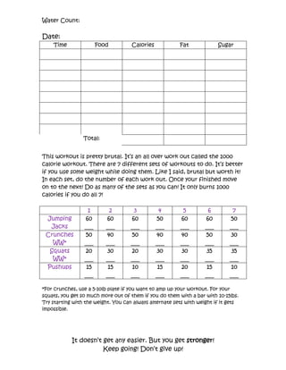 Water Count:

Date:
    Time               Food          Calories            Fat              Sugar




                 Total:


This workout is pretty brutal. It’s an all over work out called the 1000
calorie workout. There are 7 different sets of workouts to do. It’s better
if you use some weight while doing them. Like I said, brutal but worth it!
In each set, do the number of each work out. Once your finished move
on to the next! Do as many of the sets as you can! It only burns 1000
calories if you do all 7!

                   1        2         3           4       5           6        7
 Jumping         60       60         60         50       60         60        50
  Jacks          ___      ___        ___        ___      ___        ___       ___
 Crunches        50       40         50         40       40         50        30
   WW*           ___      ___        ___        ___      ___        ___       ___
  Squats         20       30         20         30       30          35        35
   WW*           ___      ___        ___        ___      ___        ___       ___
 Pushups          15       15        10          15      20          15       10
                 ___      ___        ___        ___      ___        ___       ___

*For crunches, use a 5-10lb plate if you want to amp up your workout. For your
squats, you get so much more out of them if you do them with a bar with 10-15lbs.
Try starting with the weight. You can always alternate sets with weight if it gets
impossible.




            It doesn’t get any easier. But you get stronger!
                       Keep going! Don’t give up!
 