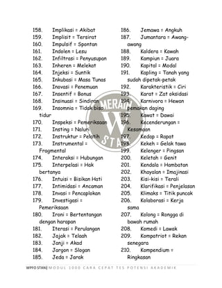 WPFO STAN| M O D U L 1 0 0 0 C A R A C E P A T T E S P O T E N S I A K A D E M I K
158. Implikasi = Akibat
159. Implisit = Tersirat
160. Impulsif = Spontan
161. Indolen = Lesu
162. Infiltrasi = Penyusupan
163. Inheren = Melekat
164. Injeksi = Suntik
165. Inkubasi = Masa Tunas
166. Inovasi = Penemuan
167. Insentif = Bonus
168. Insinuasi = Sindiran
169. Insomnia = Tidak bisa
tidur
170. Inspeksi = Pemeriksaan
171. Insting = Naluri
172. Instruktur = Pelatih
173. Instrumental =
Fragmental
174. Interaksi = Hubungan
175. Interpelasi = Hak
bertanya
176. Intuisi = Bisikan Hati
177. Intimidasi = Ancaman
178. Invasi = Pencaplokan
179. Investigasi =
Pemeriksaan
180. Ironi = Bertentangan
dengan harapan
181. Iterasi = Perulangan
182. Jajak = Telaah
183. Janji = Akad
184. Jargon = Slogan
185. Jeda = Jarak
186. Jemawa = Angkuh
187. Jumantara = Awang-
awang
188. Kaldera = Kawah
189. Kampiun = Juara
190. Kapital = Modal
191. Kapling = Tanah yang
sudah dipetak-petak
192. Karakteristik = Ciri
193. Karat = Zat oksidasi
194. Karnivora = Hewan
pemakan daging
195. Kawat = Dawai
196. Kecenderungan =
Kesamaan
197. Kedap = Rapat
198. Kekeh = Gelak tawa
199. Kelenger = Pingsan
200. Keletah = Genit
201. Kendala = Hambatan
202. Khayalan = Imajinasi
203. Kisi-kisi = Terali
204. Klarifikasi = Penjelasan
205. Klimaks = Titik puncak
206. Kolaborasi = Kerja
sama
207. Kolong = Rongga di
bawah rumah
208. Komedi = Lawak
209. Kompatriot = Rekan
senegara
210. Kompendium =
Ringkasan
 
