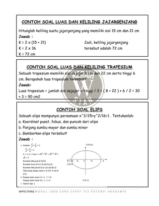WPFO STAN| M O D U L 1 0 0 0 C A R A C E P A T T E S P O T E N S I A K A D E M I K
CONTOH SOAL LUAS DAN KELILING JAJARGENJANG
Hitunglah keliling suatu jajargenjang yang memiliki sisi 15 cm dan 21 cm
Jawab :
K = 2 x (15 + 21)
K = 2 x 36
K = 72 cm
Jadi, keliling jajargenjang
tersebut adalah 72 cm
CONTOH SOAL LUAS DAN KELILING TRAPESIUM
Sebuah trapesium memiliki sisi sejajar 8 cm dan 22 cm serta tinggi 6
cm. Berapakah luas trapesium tersebut?
Jawab:
Luas trapesium = jumlah sisi sejajar x tinggi / 2 = ( 8 + 22 ) × 6 / 2 = 30
× 3 = 90 cm2
CONTOH SOAL ELIPS
Sebuah elips mempunyai persamaan x^2/25+y^2/16=1 . Tentukanlah:
a. Koordinat pusat, fokus, dan puncak dari elips
b. Panjang sumbu mayor dan sumbu minor
c. Gambarkan elips tersebut!
Jawab :
 