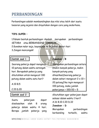 WPFO STAN| M O D U L 1 0 0 0 C A R A C E P A T T E S P O T E N S I A K A D E M I K
PERBANDINGAN
Perbandingan adalah membandingkan dua nilai atau lebih dari suatu
besaran yang sejenis dan dinyatakan dengan cara yang sederhana.
TIPS SUPER :
1.Pahami bentuk perbandingan :Apakah merupakan perbandingan
SETARA atau BERBANDING TERBALIK.
2.Gunakan nalar saja, bayangkan ke kejadian sehari-hari
3.Jangan mencongak!
Contoh soal 1 :
Seorang pekerja dapat mengecat
10 patung dalam waktu setengah
hari. Berapakah pekerja yang
dibutuhkan untuk mengecat 100
patung dalam waktu satu hari?
A.10 B.5
C.15 D.20
Jawaban : B
Merupakan perbandingan setara
(makin banyak pekerja, makin
banyak patung yang
dihasilkan)Seorang pekerja
dalam sehari mengecat 2 x 10 =
20 patungJika ingin mengecat
100 patung, maka jumlah
pekerjanya = 100/20 = 5
Contoh soal 2 :
Suatu pekerjaan dapat
diselesaikan oleh 8 orang
pekerja dalam waktu 4 hari.
Berapa jumlah pekerja yang
dibutuhkan agar pekerjaan dapat
selesai dalam waktu 1 hari?
A.16 B.10 C.20 D.32
Jawaban : D
Merupakan perbandingan
berbanding terbalik, waktu
 