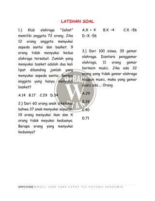 WPFO STAN| M O D U L 1 0 0 0 C A R A C E P A T T E S P O T E N S I A K A D E M I K
LATIHAN SOAL
1.) Klub olahraga “Sehat”
memiliki anggota 72 orang. Jika
12 orang anggota menyukai
sepeda santai dan basket. 9
orang tidak menyukai kedua
olahraga tersebut. Jumlah yang
menyukai basket adalah dua kali
lipat dibanding jumlah yang
menyukai sepeda santai. Berapa
anggota yang hanya menyukai
basket?
A.14 B.17 C.29 D.34
2.) Dari 60 orang anak diketahui
bahwa 37 anak menyukai sayuran.
19 orang menyukai ikan dan X
orang tidak meyukai keduanya.
Berapa orang yang menyukai
keduanya?
A.X + 4 B.X –4 C.X –56
D.–X –56
3.) Dari 100 siswa, 39 gemar
olahraga. Diantara penggemar
olahraga, 11 orang gemar
bermain music. Jika ada 32
orang yang tidak gemar olahraga
maupun music, maka yang gemar
music ada.... Orang
A.29
B.39
C.40
D.71
 