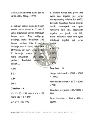 WPFO STAN| M O D U L 1 0 0 0 C A R A C E P A T T E S P O T E N S I A K A D E M I K
249.600Maka beras dijual per kg
=249.600 / 50kg = 4.992
2. Sebuah pabrik memiliki 3 buah
mesin, yaitu mesin X, Y dan Z
yang digunakan untuk membuat
lampu neon. Jika ketiganya
bekerja, maka dihasilkan 249
lampu perhari. Jika X dan Y
bekerja dan Z tidak, dihasilkan
159 lampu per hari. Jika Y dan
Z bekerja, namun X tidak,
maka dihasilkan 147 lampu
perhari. Produksi mesin Z
adalah ....
A.90
B.73
C.84
D.62
Jawaban : A
X + Y + Z = 249 dan X + Y = 159
maka 159 + Z = 249
Z = 249 –159 = 90
3. Semula harga satu porsi mie
ayam dan segelas jus jeruk
masing-masing adalah Rp 6000,
Setelah kenaikan harga minyak
tanah, semangkuk mie ayam
harganya naik 12% sedangkan
segelas jus jeruk naik 8%,
maka kenaikan harga mie ayam
sekaligus segelas jus jeruk
adalah ...
A.66,77%
B.32%
C.20%
D.10%
Jawaban : D
Harga total awal = 6000 + 6000
= 12.000
Kenaikan mie ayam = 12% * 6000
= 720
Kenaikan jus jeruk = 8%*6000 =
480
Total kenaikan = 720 + 480 =
1200%
 