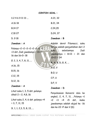 WPFO STAN| M O D U L 1 0 0 0 C A R A C E P A T T E S P O T E N S I A K A D E M I K
CONTOH SOAL :
1.2 4 6 9 11 13 ...
A.16 18
B.14 17
C.18 27
D .9 18
Jawaban : A
Polanya +2 +2 +3 +2 +2 +3 +2 +2
+3 dst..Jadi jawabanya = 13+3 =
16 dan 16+2= 18
2. 2, 3, 4, 7, 8, 11, ...
A.16, 15
B.15, 16
C.12, 15
D.12, 16
Jawaban : A
Lihat suku 1, 3, 5 dst. polanya
dikali 2 = 2, 4,8, 16
Lihat suku 2, 4, 6 dst. polanya +4
= 3, 7, 11, 15
3. 1, 1, 2,3, 5, 8, 13, ...
A.21, 32
B.21, 34
C.24,35
D.24, 37
Jawaban : B
Adalah deret Fibonacci, suku
ketiga adalah penjumlahan dari 2
suku sebelumnya Jadi
jawabannya = 8+13 = 21 dan
13+21 = 34
4. A, B, D, G, K, ...
A.O, V
B.O, U
C.P, U
D.P, V
Jawaban : D
Penyelesaian Konversi dulu ke
angka1, 2, 4, 7, 11, ...Polanya +1
+2 +3 +4 +5 dst, maka
jawabannya adalah abjad ke -16
dan ke-22 P dan V (D)
 
