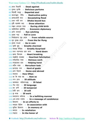 Want more Updates 
http://tanbircox.blogspot.com
86) ফ োর ডববরোধী ⇨ Dead against
87) সুের সুগডন্ধ্ ⇨ Delicious perfume
88) ডববেহী আত্মো ⇨ Departed soul
89) ধ্বংসোত্মক নীড ⇨ Destructive policy
90) প্রলয়ংকোরী বন্যো ⇨ Devastating flood
91) ঢোকো গোমী বোস ⇨ Dhaka bound bus
92) েৃডষ্ট আকর্বন করো ⇨ Draw attention
93) সন্তোন প্রসববর সময় ⇨ During child birth
94) অথবননড ক কুটনীড ⇨ Economic diplomacy
95) ফচোাঁখ ধোধোবনো ⇨ Eye catching
96) ফপ্রবম পড়ো ⇨ Fall in Love
97) ডনভবরবেোগয সূে ফথবক ⇨ From reliable source
98) েূর দুরোন্ত ফথবক ⇨ From the far flung
99) বৃথোয় েোওয়ো ⇨ Go in vain
100) খুবই মুগ্ধ ⇨ Greatly charmed
101) অ যন্ত ডবডি ⇨ Greatly Surprised
102) বংশ পরম্পরোয় চবল আসো ⇨ Hand down
103) হৃেয় ডবেোরক ⇨ Heart breaking
104) আন্তডরক শুবভেো ⇨ Heartiest felicitation
105) ববববরোডচ কোজ ⇨ Heinous work
106) সোবহোবেযর হো ⇨ Helping hand
107) কডিন কোজ ⇨ Herculean task
108) েোগবলর পোল ⇨ Herd of goats
109) ফেশ ডববেশ ⇨ Home and abroad
110) ক বোর ⇨ How Often
111) ো ডক কবর হয় ⇨ How so
112) পোপ ফবোধ ⇨ Ill attitude
113) অলেবন/ অডভশোপগ্রন্থ ⇨ Ill fated
114) পাঁচো কথো ⇨ Ill language
115) বে রোগী ⇨ Ill tempered
116) ববরী ভোব ⇨ Ill will
117) কু- কোজ ⇨ Ill work
118) েথোবেোগয মেবোেোয় ⇨ In a befitting manner
119) এক ফশোক বো বোয় ⇨ In a message of condolence
120) উবেবে ⇨ In an efforts to
121) খরবচর ডহডরক ⇨ In association with
122) িৃড র উবেবে ⇨ In memory of
123) জবোবব ⇨ In retaliation
124) সম্মোবন ⇨ In the honor of
 