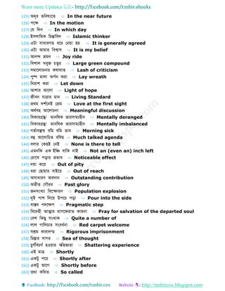 Want more Updates 
http://tanbircox.blogspot.com
125) অেূর ভডবষ্যব ⇨ In the near future
126) পবে ⇨ In the motion
127) ফে ডেন ⇨ In which day
128) ইসলোডমক ডচন্তোডবে ⇨ Islamic thinker
129) এটো সোধোরণ ধবর ফনয়ো হয় ⇨ It is generally agreed
130) এটো আমোর ডবশ্বোস ⇨ It is my belief
131) আনে ভ্রমন ⇨ Joy ride
132) ডবশোল সবুজ চত্বর ⇨ Large green compound
133) সমোবলোচনোর কর্ো ো ⇨ Lash of criticism
134) পুষ্প মোলো অপবন করো ⇨ Lay wreath
135) ডনরোশ করো ⇨ Let down
136) আশোর আবলো ⇨ Light of hope
137) জীবন েোেোর মোন ⇨ Living Standard
138) প্রথম েশববনই ফপ্রম ⇨ Love at the first sight
139) অথববহ আবলোচনো ⇨ Meaningful discussion
140) ডবকোরগ্রন্থ/ মোনডর্ক ভোরসোমযহীন ⇨ Mentally deranged
141) ডবকোরগ্রন্থ/ মোনডর্ক ভোরসোমযহীন ⇨ Mentally imbalanced
142) গভবোবস্থোয় বডম বডম ভোব ⇨ Morning sick
143) বহু আবলোডচ বডর্য় ⇨ Much talked agenda
144) বলোর ফকহই ফনই ⇨ None is there to tell
145) এমনডক এক ইডি বোডক নোই ⇨ Not an (even an) inch left
146) ফচোবখ পড়োর প্রভোব ⇨ Noticeable effect
147) েয়ো কবর ⇨ Out of pity
148) ধরো ফেোয়োর বোইবর ⇨ Out of reach
149) অসোধোরণ অবেোন ⇨ Outstanding contribution
150) অ ী ফগৌরব ⇨ Past glory
151) জনসংখযো ডববফোরণ ⇨ Population explosion
152) দুই পোশ ডেবয় উপবচ পড়ো ⇨ Pour into the side
153) বোস্তব পেবেপ ⇨ Pragmatic step
154) ডববেহী আত্মোর মোগবেরো কোমনো ⇨ Pray for salvation of the departed soul
155) ফবশ ডকেু সংখযক ⇨ Quite a number of
156) লোল গোডলচোর সংবধবনো ⇨ Red carpet welcome
157) সশ্রম কোরোেন্ ⇨ Rigorous imprisonment
158) ডচন্তোর সোগর ⇨ Sea of thought
159) চুণবডবচণব হওয়োর অডভজ্ঞ ো ⇨ Shattering experience
160) এই মোে ⇨ Shortly
161) একটু পবর ⇨ Shortly after
162) একটু আবগ ⇨ Shortly before
163) থো কডথ ⇨ So called
 