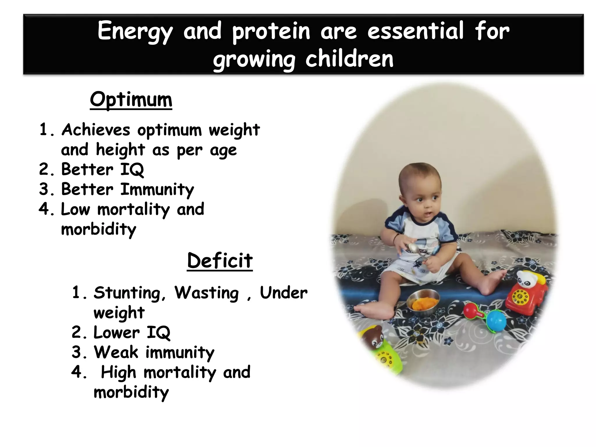 Energy and protein are essential for
growing children
Optimum
Deficit
1. Stunting, Wasting , Under
weight
2. Lower IQ
3. Weak immunity
4. High mortality and
morbidity
1. Achieves optimum weight
and height as per age
2. Better IQ
3. Better Immunity
4. Low mortality and
morbidity
 