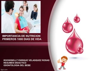 IMPORTANCIA DE NUTRICION
PRIMEROS 1000 DIAS DE VIDA
ROOSEBELLT ENRIQUE VELASQUEZ ROSAS
RESUMEN DIDACTICO
ODONTOLOGIA DEL BEBE
 