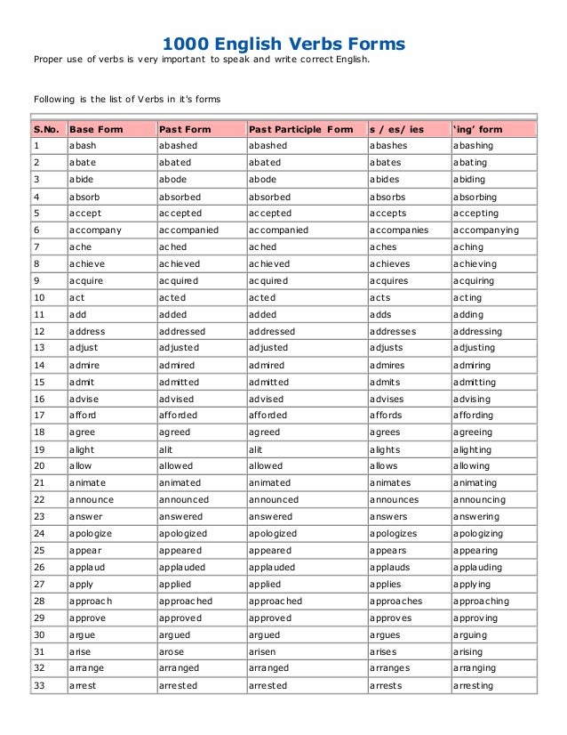English Verbs Conjugation List Pdf Lasercrimson