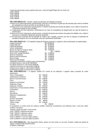 A partir das observações acima, podemos dizer que o valor do Capital Próprio da Cia. Emile é de
a) R$ 5.500,00
b) R$ 5.000,00
c) R$ 4.000,00
d) R$ 3.500,00
e) R$ 3.000,00
558) AFRF/2002(ESAF) - Assinale a opção que apresenta uma afirmativa incorreta.
a) Reservas de Capital representam, genericamente, acréscimo ao Patrimônio Líquido que não transitam pela conta de resultado
da companhia nem são provenientes de reavaliação de ativos.
b) Reservas de Lucros representam, genericamente, a retenção de parcelas provenientes de ganhos, com o objetivo de preservar
o Patrimônio Líquido de uma sociedade.
c) A depreciação dos bens representa a diminuição de seu valor em conseqüência do desgaste pelo uso, ação da natureza ou
obsolescência.
d) Reservas de Lucros representam, genericamente, a retenção de parcelas provenientes dos ganhos da entidade, com o objetivo
de preservar o patrimônio líquido para posterior destinação.
e) Um imóvel que a diretoria não tem intenção de vender e que é alugado a terceiros, por não ter emprego na exploração da
atividade da empresa, deve ser classificado como ativo permanente imobilizado.
559) AFRF/2002(ESAF) - A Companhia Capcap de Negócios apresenta os seguintes valores relacionados ao capital próprio:
Capital Autorizado R$ 100.000,00
Capital Subscrito R$ 90.000,00
Capital Integralizado R$ 70.000,00
Lucros Acumulados R$ 20.000,00
Reserva de Ágio na Venda de Ações R$ 19.000,00
Reserva para Contingências R$ 17.000,00
Reserva de Correção Monetária R$ 16.000,00
Reservas Estatutárias R$ 15.000,00
Reservas para Investimento R$ 14.000,00
Reserva Legal R$ 13.000,00
Reserva de Reavaliação R$ 12.000,00
Agrupando corretamente os títulos acima, encontraremos
a) Capital Social no valor de R$ 100.000,00
b) Capital a Realizar no valor de R$ 30.000,00
c) Reservas de Lucros no valor de R$ 59.000,00
d) Reservas de Capital no valor de R$ 47.000,00
e) Patrimônio Líquido no valor de R$ 216.000,00
560) AFRF/2002(ESAF) - A empresa Andaraí S/A extraiu de seu balancete o seguinte elenco resumido de contas
patrimoniais:
Ações e Participações R$ 3.000,00
Adiantamento a Diretores R$ 500,00
Bancos Conta Movimento R$ 2.000,00
Caixa R$ 500,00
Despesas com Pesquisa R$ 2.500,00
Duplicatas a Pagar R$ 300,00
Duplicatas a Receber R$ 3.000,00
Empréstimos e Financiamentos obtidos R$ 10.000,00
Fornecedores R$ 5.000,00
Imóveis R$ 6.000,00
Mercadorias R$ 3.000,00
Máquinas e Equipamentos R$ 1.700,00
Poupança R$ 1.000,00
Receitas Antecipadas R$ 6.500,00
Seguros a Vencer R$ 800,00
Títulos a Pagar R$ 2.000,00
Veículos R$ 1.000,00
Se agruparmos as contas acima por natureza contábil, certamente encontraremos uma diferença entre a soma dos saldos
credores e devedores.
Assinale a opção que indica o valor correto.
a) R$ 1.200,00 é a diferença devedora.
b) R$ 1.200,00 é a diferença credora.
c) R$ 1.800,00 é a diferença credora.
d) R$ 17.300,00 é a soma dos saldos credores.
e) R$ 22.000,00 é a soma dos saldos devedores.
561) AFRF/2002(ESAF) - Dos lançamentos abaixo, apenas um está correto, no seu todo. Assinale a opção que aponta tal
registro contábil.(COMADAPTAÇÃO)
a) Salários e Ordenados
127
 
