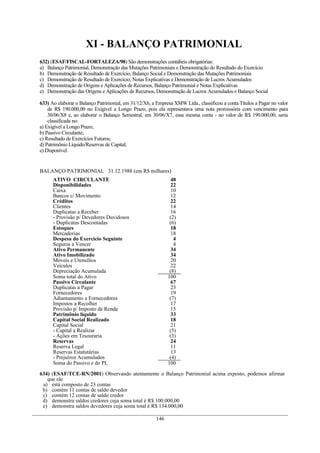 XI - BALANÇO PATRIMONIAL
632) (ESAF/FISCAL-FORTALEZA/98) São demonstrações contábeis obrigatórias:
a) Balanço Patrimonial, Demonstração das Mutações Patrimoniais e Demonstração do Resultado do Exercício
b) Demonstração de Resultado de Exercício, Balanço Social e Demonstração das Mutações Patrimoniais
c) Demonstração de Resultado de Exercício, Notas Explicativas e Demonstração de Lucros Acumulados
d) Demonstração de Origens e Aplicações de Recursos, Balanço Patrimonial e Notas Explicativas
e) Demonstração das Origens e Aplicações de Recursos, Demonstração de Lucros Acumulados e Balanço Social
633) Ao elaborar o Balanço Patrimonial, em 31/12/X6, a Empresa XMW Ltda., classificou a conta Títulos a Pagar no valor
de R$ 190.000,00 no Exigível a Longo Prazo, pois ela representava uma nota promissória com vencimento para
30/06/X8 e, ao elaborar o Balanço Semestral, em 30/06/X7, essa mesma conta - no valor de R$ 190.000,00, seria
classificada no:
a) Exigível a Longo Prazo;
b) Passivo Circulante;
c) Resultado de Exercícios Futuros;
d) Patrimônio Líquido/Reservas de Capital;
e) Disponível.
BALANÇO PATRIMONIAL 31.12.1988 (em R$ milhares)
ATIVO CIRCULANTE 48
Disponibilidades 22
Caixa 10
Bancos c/ Movimento 12
Créditos 22
Clientes 14
Duplicatas a Receber 16
- Provisão p/ Devedores Duvidosos (2)
- Duplicatas Descontadas (6)
Estoques 18
Mercadorias 18
Despesa do Exercício Seguinte 4
Seguros a Vencer 4
Ativo Permanente 34
Ativo Imobilizado 34
Móveis e Utensílios 20
Veículos 22
Depreciação Acumulada (8)
Soma total do Ativo 100
Passivo Circulante 67
Duplicatas a Pagar 23
Fornecedores 19
Adiantamento a Fornecedores (7)
Impostos a Recolher 17
Provisão p/ Imposto de Renda 15
Patrimônio líquido 33
Capital Social Realizado 18
Capital Social 21
- Capital a Realizar (5)
- Ações em Tesouraria (3)
Reservas 24
Reserva Legal 11
Reservas Estatutárias 13
- Prejuízos Acumulados (4)
Soma do Passivo e do PL 100
634) (ESAF/TCE-RN/2001) Observando atentamente o Balanço Patrimonial acima exposto, podemos afirmar
que ele
a) está composto de 23 contas
b) contém 11 contas de saldo devedor
c) contém 12 contas de saldo credor
d) demonstra saldos credores cuja soma total é R$ 100.000,00
e) demonstra saldos devedores cuja soma total é R$ 134.000,00
146
 