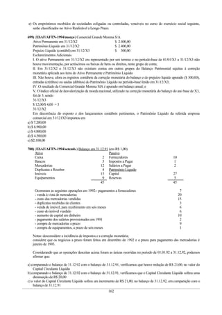 e) Os empréstimos recebidos de sociedades coligadas ou controladas, vencíveis no curso do exercício social seguinte,
serão classificados no Ativo Realizável a Longo Prazo.
699) (ESAF/AFTN-1994/março) Comercial Grande Morena S/A
Ativo Permanente em 31/12/X2 $ 2.400,00
Patrimônio Líquido em 31/12/X2 $ 2.400,00
Prejuízo Líquido (contábil) em 31/12/X3 $ 300,00
Esclarecimentos Adicionais
I. O ativo Permanente em 31/12/X2 era representado por um terreno e no período-base de 01/01/X3 a 31/12/X3 não
houve movimentação, por acréscimos ou baixas de bens ou direitos, neste grupo de conta;
II. Em 31/12/X2 o 31/12/X3 não existiam contas em outros grupos do Balanço Patrimonial sujeitas à correção
monetária aplicada aos itens do Ativo Permanente e Patrimônio Liquido
III. Não houve, afora os registros contábeis da correção monetária do balanço e do prejuízo líquido apurado ($ 300,00),
entradas (créditos) ou saídas (débitos) do Patrimônio Líquido no período-base fendo em 31/12/X3;
IV. O resultado da Comercial Grande Morena SIA é apurado em balanço anual; e
V. O índice oficial de desvalorização da moeda nacional, utilizado na correção monetária do balanço do ano base de X3,
foi de 3, sendo
31/12/X3
$ 12,00/$ 4,00 = 3
31/12/X2
Em decorrência do exposto e dos lançamentos contábeis pertinentes, o Patrimônio Líquido da referida empresa
comercial em 31/121X3 importou em
a) $ 7.200,00
b) $ 6.900,00
c) $ 4.800,00
d) $ 4.500,00
e) $2.100,00
700) (ESAF/AFTN-1994/setemb.) Balanço em 31.12.91 (em R$ 1,00)
Ativo Passivo
Caixa 2 Fornecedores 10
Bancos 3 Impostos a Pagar 1
Mercadorias 12 Salários a Pagar 2
Duplicatas a Receber 4 Patrimônio Líquido
Imóveis 15 Capital 27
Equipamentos 9 Reservas 5
45 45
Ocorreram as seguintes operações em 1992:- pagamentos a fornecedores
- venda à vista de mercadorias
- custo das mercadorias vendidas
- duplicatas recebidas de clientes
- venda de imóvel, para recebimento em seis meses
- custo do imóvel vendido
- aumento de capital em dinheiro
- pagamento dos salários provisionados em 1991
- compra de mercadorias a prazo
- compra de equipamentos, a prazo de seis meses
7
20
15
3
6
6
10
2
9
1
Notas: desconsidere a incidência de impostos e a correção monetária;
considere que os negócios a prazo foram feitos em dezembro de 1992 e o prazo para pagamento das mercadorias é
janeiro de 1993.
Considerando que as operações descritas acima foram as únicas ocorridas no período de 01.01.92 a 31.12.92, podemos
afirmar que:
a) comparando o balanço de 31.12.92 com o balanço de 31.12.91, verificamos que houve redução de R$ 21,00, no valor do
Capital Circulante Líquido
b) comparando o balanço de 31.12.92 com o balanço de 31.12.91, verificamos que o Capital Circulante Líquido sofreu uma
diminuição de R$ 20,00
c) o valor do Capital Circulante Líquido sofreu um incremento de R$ 21,00, no balanço de 31.12.92, em comparação com o
balanço de 31.12.91
162
 