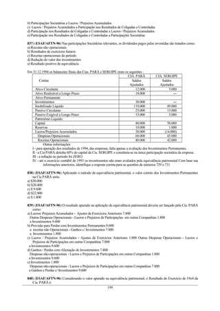b) Participações Societárias a Lucros / Prejuízos Acumulados
c) Lucros / Prejuízos Acumulados a Participação nos Resultados de Coligadas e Controladas
d) Participação nos Resultados de Coligadas e Controladas a Lucros / Prejuízos Acumulados
e) Participação nos Resultados de Coligadas e Controladas a Participações Societárias
837) (ESAF/AFTN-96) Nas participações Societárias relevantes, os dividendos pagos pelas investidas são tratados como:
a) Receitas não operacionais
b) Resultados de exercícios futuros
c) Receitas operacionais do período
d) Redução do valor dos investimentos
e) Resultado positivo de equivalência
Em 31.12.1994 os balancetes finais das Cias. PARÁ e SERGIPE eram os seguintes :
Contas
CIA. PARÁ CIA. SERGIPE
Saldos
Ajustados
Saldos
Ajustados
Ativo Circulante 12.000 5.000
Ativo Realizável a Longo Prazo 18.000 ---
Ativo Permanente
Investimentos 30.000 ---
Imobilizado Líquido 110.000 49.000
Passivo Circulante 25.000 15.000
Passivo Exigível a Longo Prazo 15.000 5.000
Patrimônio Líquido:
Capital 80.000 50.000
Reservas 10.000 1.000
Lucros/Prejuízos Acumulados 20.000 (14.000)
Despesas Operacionais 60.000 45.000
Receitas Operacionais 80.000 42.000
Outras informações:
I - para apuração dos resultados de 1994, das empresas, falta apenas a avaliação dos Investimentos Permanentes.
II - a Cia PARÁ detinha 60% do capital da Cia. SERGIPE e constituía-se na única participação societária da empresa .
III - a inflação no período foi ZERO
IV - até o exercício contábil de 1993 os investimentos não eram avaliados pela equivalência patrimonial Com base nas
informações anteriores, identifique a resposta correta para as questões de números 729 a 731.
838) (ESAF/AFTN-96) Aplicando o método da equivalência patrimonial, o valor correto dos Investimentos Permanentes
na Cia PARÁ seria:
a) $30.000
b) $20.400
c) $ 9.600
d) $22.000
e) $ 1.800
839) (ESAF/AFTN-96) O resultado apurado na aplicação da equivalência patrimonial deveria ser lançado pela Cia. PARÁ
como:
a) Lucros/ Prejuízos Acumulados - Ajustes de Exercícios Anteriores 7.800
Outras Despesas Operacionais - Lucros e Prejuízos de Participações em outras Companhias 1.800
a Investimentos 9.600
b) Provisão para Perdas com Investimentos Permanentes 9.600
a receitas não Operacionais - Ganhos c/ Investimentos 7.800
a Investimentos 1.800
c) Lucros / Prejuízos Acumulados - Ajustes de Exercícios Anteriores 1.800 Outras Despesas Operacionais - Lucros e
Prejuízos de Participações em outras Companhias 7.800
a Investimentos 9.600
d) Ganhos / Perdas com Alienação de Investimentos 7.800
Despesas não-operacionais - Lucros e Prejuízos de Participações em outras Companhias 1.800
a Investimentos 9.600
e) Investimentos 1.800
Despesas não-operacionais - Lucros e Prejuízos de Participações em outras Companhias 7.800
a Ganhos e Perdas c/ Investimentos 9.600
840) (ESAF/AFTN-96) Considerando o valor apurado na equivalência patrimonial, o Resultado do Exercício de 19x4 da
Cia. PARÁ é:
199
 
