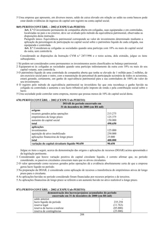 5 Uma empresa que apresente, em diversos meses, saldo de caixa elevado em relação ao saldo na conta bancos pode
estar dando evidências de ingresso de capital sem registro na conta capital social.
869) PERITO CONTÁBIL – 2002 (CESPE/Unb-PERITO)
Art. 1.º O investimento permanente de companhia aberta em coligadas, suas equiparadas e em controladas,
localizadas no país e no exterior, deve ser avaliado pelo método da equivalência patrimonial, observadas as
disposições desta instrução.
Parágrafo único. Equivalência patrimonial corresponde ao valor do investimento determinado mediante a
aplicação da percentagem de participação no capital social sobre o patrimônio líquido de cada coligada, sua
equiparada e controlada.
Art. 2.º Consideram-se coligadas as sociedades quando uma participa com 10% ou mais do capital social
da outra, sem controlá-la.
Considerando as disposições da Instrução CVM n.º 247/1996 e o texto acima, dela extraído, julgue os itens
subseqüentes.
1 Só podem ser considerados como permanentes os investimentos assim classificados no balanço patrimonial.
2 Equiparam-se às coligadas as sociedades quando uma participa indiretamente da outra com 10% ou mais do seu
capital votante, sem controlá-la.
3 O patrimônio líquido de uma controlada de companhia aberta que tenha se elevado de 1 milhão para 2 milhões, de
um exercício social para o outro, com a manutenção do percentual de participação acionária de todos os acionistas,
estará gerando, certamente, um ganho de equivalência patrimonial para a sua controladora de 100% do valor do
seu investimento.
4 O registro pelo método de equivalência patrimonial na investidora faz que esta reconheça o ganho havido na
coligada ou controlada e aumenta o seu lucro tributável pelo imposto de renda e pela contribuição social sobre o
lucro.
5 Uma sociedade pode controlar outra empresa, mesmo que possua menos de 10% do capital social desta.
670) PERITO CONTÁBIL – 2002 (CESPE/Unb-PERITO)
DOAR do período encerrado em
31 de dezembro de 2000 (em R$ mil)
origens
recursos gerados pelas operações
empréstimos de longo prazo
aumento do capital social
total
215.275
125.375
150.000
490.650
aplicações
investimentos
aquisição de ativo imobilizado
aplicações financeiras de longo prazo
total
125.000
250.000
25.000
400.000
variação do capital circulante líquido 90.650 90.650
Julgue os itens a seguir, acerca da demonstração das origens e aplicações de recursos (DOAR) acima apresentada e
da legislação pertinente.
1 Considerando que houve variação positiva do capital circulante líquido, é correto afirmar que, no período
considerado, os passivos circulantes cresceram mais que os ativos circulantes.
2 O valor apresentado como recursos gerados pelas operações dá a evidência absolutamente certa de que a empresa
gerou lucro líquido no período.
3 Na preparação da DOAR, é considerada como aplicação de recursos a transferência de empréstimos ativos de longo
prazo para o circulante.
4 As aplicações havidas no período considerado foram financiadas por recursos próprios e de terceiros.
5 As aplicações financeiras de longo prazo se referem a um aumento havido no ativo realizável a longo prazo.
871) PERITO CONTÁBIL – 2002 (CESPE/Unb-PERITO)
demonstração dos lucros/prejuízos acumulados do período
encerrado em 31 de dezembro de 2000 (em R$ mil)
saldo anterior
lucro líquido do período
reserva legal
reserva de lucros a realizar
reserva de contingências
-
235.258
(11.763)
(85.000)
(25.000)
208
 