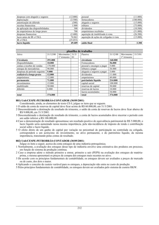 despesas com aluguéis e seguros (12.000) pessoal (11.000)
depreciação (3.500) fornecedores (100.000)
amortização do diferido (300) aluguéis e seguros (15.000)
receitas financeiras 1.000 tributos (75.000)
de aplicação das disponibilidades 300 dividendos (10.500)
de empréstimos de longo prazo 700 empréstimos recebidos (51.000)
despesas financeiras (2.400) aquisição de imobilizado à vista (26.500)
lucro antes de IR e CSLL 74.863 aquisição de ações de coligadas à vista (13.000)
IR e CSLL (25.453)
lucro líquido 49.409 saldo final 3.300
planilha de trabalho
Ativo 31/12/00 Movimento
1º trimestre
31/3/
01
Passivo 31/12/00 Movimento
1º trimestre
31/3/01
Circulante 291.000 circulante 160.000
Disponibilidades 10.000 Fornecedores 56.000
contas a receber de vendas 178.000 pessoal e encargos a pagar 5.000
estoque de mercadorias 98.000 tributos a pagar 36.000
despesas do período seguinte 5.000 aluguéis e seguros a pagar 3.000
realizável a longo prazo 12.000 dividendos 11.000
empréstimos 12.000 empréstimos 49.000
permanente 71.000 patrimônio líquido 214.000
investimentos 15.000 capital social 100.000
imobilizado 50.000 reservas de capital 50.000
diferido 6.000 reservas de lucros 10.000
lucros acumulados 54.000
total 374.000 total 374.000
881) Unb/CESPE-PETROBRÁS-CONTADOR (30/09/2001)
Considerando, ainda, os elementos do texto CE-I, julgue os itens que se seguem.
1 O saldo da conta de reservas de capital deve ficar acima de R$ 60.000,00, em 31/3/2001.
2 Desconsiderando a destinação do resultado do trimestre, o saldo da conta de reservas de lucros deve ficar abaixo de
R$ 9.000,00, em 31/3/2001.
3 Desconsiderando a destinação do resultado do trimestre, a conta de lucros acumulados deve encerrar o período com
um saldo inferior a R$ 100.000,00.
4 Caso a demonstração do resultado apresentasse um resultado positivo de equivalência patrimonial de R$ 5.000,00, o
lucro líquido seria aumentado nessa mesma importância, pela não-incidência de imposto de renda e contribuição
social sobre o lucro líquido.
5 O efeito direto de um ganho de capital por variação no percentual de participação na controlada ou coligada,
corresponderá a um acréscimo do investimento, no ativo permanente, e do patrimônio líquido, da mesma
importância, transitando pelas contas de resultado.
882) Unb/CESPE-PETROBRÁS-CONTADOR (30/09/2001)
Julgue os itens a seguir, acerca da conta estoques de uma indústria petroquímica.
1 Normalmente, a avaliação dos estoques desse tipo de indústria envolve uma estimativa dos produtos em processo,
em função do sistema de produção contínua.
2 Caso a empresa adote o método primeiro a entrar, primeiro a sair (PEPS) na avaliação dos estoques de matéria-
prima, a mesma apresentará os preços de compra dos estoques mais recentes no ativo.
3 De acordo com os princípios fundamentais de contabilidade, os estoques devem ser avaliados a preços de mercado
ou de custo, dos dois o maior.
4 Aplicando o conceito de custeio variável para os estoques, a depreciação não entra no custo de produção.
5 Pelos princípios fundamentais de contabilidade, os estoques devem ser avaliados pelo sistema de custeio RKW.
212
 