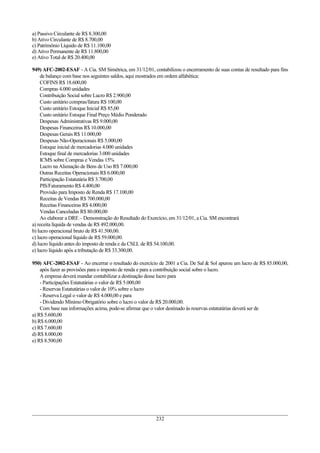 a) Passivo Circulante de R$ 8.300,00
b) Ativo Circulante de R$ 8.700,00
c) Patrimônio Líquido de R$ 11.100,00
d) Ativo Permanente de R$ 11.800,00
e) Ativo Total de R$ 20.400,00
949) AFC-2002-ESAF - A Cia. SM Simétrica, em 31/12/01, contabilizou o encerramento de suas contas de resultado para fins
de balanço com base nos seguintes saldos, aqui mostrados em ordem alfabética:
COFINS R$ 18.600,00
Compras 4.000 unidades
Contribuição Social sobre Lucro R$ 2.900,00
Custo unitário compras/fatura R$ 100,00
Custo unitário Estoque Inicial R$ 85,00
Custo unitário Estoque Final Preço Médio Ponderado
Despesas Administrativas R$ 9.000,00
Despesas Financeiras R$ 10.000,00
Despesas Gerais R$ 11.000,00
Despesas Não-Operacionais R$ 5.000,00
Estoque inicial de mercadorias 4.000 unidades
Estoque final de mercadorias 3.000 unidades
ICMS sobre Compras e Vendas 15%
Lucro na Alienação de Bens de Uso R$ 7.000,00
Outras Receitas Operacionais R$ 6.000,00
Participação Estatutária R$ 3.700,00
PIS/Faturamento R$ 4.400,00
Provisão para Imposto de Renda R$ 17.100,00
Receitas de Vendas R$ 700.000,00
Receitas Financeiras R$ 4.000,00
Vendas Canceladas R$ 80.000,00
Ao elaborar a DRE – Demonstração do Resultado do Exercício, em 31/12/01, a Cia. SM encontrará
a) receita líquida de vendas de R$ 492.000,00.
b) lucro operacional bruto de R$ 41.500,00.
c) lucro operacional líquido de R$ 59.000,00.
d) lucro líquido antes do imposto de renda e da CSLL de R$ 54.100,00.
e) lucro líquido após a tributação de R$ 33.300,00.
950) AFC-2002-ESAF - Ao encerrar o resultado do exercício de 2001 a Cia. De Sal & Sol apurou um lucro de R$ 85.000,00,
após fazer as provisões para o imposto de renda e para a contribuição social sobre o lucro.
A empresa deverá mandar contabilizar a destinação desse lucro para
- Participações Estatutárias o valor de R$ 5.000,00
- Reservas Estatutárias o valor de 10% sobre o lucro
- Reserva Legal o valor de R$ 4.000,00 e para
- Dividendo Mínimo Obrigatório sobre o lucro o valor de R$ 20.000,00.
Com base nas informações acima, pode-se afirmar que o valor destinado às reservas estatutárias deverá ser de
a) R$ 5.600,00
b) R$ 6.000,00
c) R$ 7.600,00
d) R$ 8.000,00
e) R$ 8.500,00
232
 
