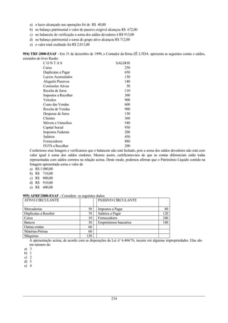 a) o lucro alcançado nas operações foi de R$ 40,00
b) no balanço patrimonial o valor do passivo exigível alcançou R$ 672,00
c) no balancete de verificação a soma dos saldos devedores é R$ 913,00
d) no balanço patrimonial a soma do grupo ativo alcançou R$ 712,00
e) o valor total creditado foi R$ 2.013,00
954) TRF-2000-ESAF - Em 31 de dezembro de 1999, o Contador da firma ZÊ LTDA. apresenta as seguintes contas e saldos,
extraídos do livro Razão:
C O N T A S SALDOS
Caixa 250
Duplicatas a Pagar 650
Lucros Acumulados 130
Aluguéis Passivos 140
Comissões Ativas 30
Receita de Juros 110
Impostos a Recolher 300
Veículos 900
Custo das Vendas 600
Receita de Vendas 900
Despesas de Juros 130
Clientes 360
Móveis e Utensílios 540
Capital Social 950
Impostos Federais 200
Salários 450
Fornecedores 880
FGTS a Recolher 200
Conferimos essa listagem e verificamos que o balancete não está fechado, pois a soma dos saldos devedores não está com
valor igual à soma dos saldos credores. Mesmo assim, certificamo-nos de que as contas diferenciais estão todas
representadas com saldos corretos na relação acima. Deste modo, podemos afirmar que o Patrimônio Líquido contido na
listagem apresentada soma o valor de
a) R$ 1.080,00
b) R$ 710,00
c) R$ 800,00
d) R$ 910,00
e) R$ 600,00
955) AFRF/2000-ESAF - Considere os seguintes dados:
ATIVO CIRCULANTE PASSIVO CIRCULANTE
Mercadorias 50 Impostos a Pagar 80
Duplicatas a Receber 70 Salários a Pagar 120
Caixa 10 Fornecedores 240
Bancos 30 Empréstimos bancários 180
Outras contas 60
Matérias-Primas 60
Máquinas 120
A apresentação acima, de acordo com as disposições da Lei no
6.404/76, incorre em algumas impropriedades. Elas são
em número de:
a) 3
b) 1
c) 2
d) 5
e) 4
234
 