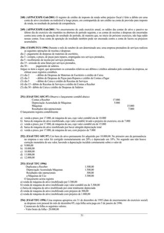 248) (AFPS/CESPE-Unb/2001) O registro de crédito de imposto de renda sobre prejuízo fiscal é feito a débito em uma
conta de ativo circulante ou realizável a longo prazo, em contrapartida de um crédito na conta de provisão para imposto
de renda, no resultado do período de competência.
249) (AFPS/CESPE-Unb/2001) No encerramento de cada exercício anual, os saldos das contas do ativo e passivo no
último dia do exercício são mantidos na abertura do período seguinte, e as contas de receitas e despesas são encerradas
contra uma conta de apuração do resultado do período, de maneira que, no início do próximo exercício, não haja saldo
nessas contas. Essa conta de apuração do resultado também pode ser encenada contra a conta de lucros ou prejuízos
acumulados.
250) (CESPE/TCU-1996) Durante o mês de outubro de um determinado ano, uma empresa prestadora de serviços realizou
as seguintes operações de receitas e despesas:
dia 2 - pagamento de despesas de materiais de escritório,
dia 3 - compra, a prazo, de peças para reparos, empregadas nos serviços prestados,
dia 5 - recebimento de receita por serviços prestados,
dia 15 - emissão de uma fatura por serviços prestados,
dia 30 - pagamento de salários.
Julgue os itens a seguir, que apresentam os comandos relativos aos débitos e créditos adotados pelo contador da empresa, ao
efetuar esses registros contábeis.
(1) dia 2 - débito de Despesas de Materiais de Escritório e crédito de Caixa
(2) dia 3 - débito de Despesas de Peças para Reparos e crédito de Contas a Pagar
(3) dia 5 - débito de Caixa e crédito de Receitas de Serviços
(4) dia 15 - débito de Receitas de Serviços e crédito de Contas a Receber
(5) dia 30 - débito de Caixa e crédito de Despesas de Salários
251) (ESAF/TFC-SFC/97) Observe o lançamento contábil abaixo:
Contas a Receber 17.000
Depreciação Acumulada de Máquinas 5.000
Máquinas 15.000
Resultados não-operacionais 7.000
O lançamento registra contabilmente
a) venda a prazo, por 17.000, de máquina de uso, cujo valor contábil era de 10.000
b) baixa de máquina do ativo imobilizado, cujo valor contábil, levado a prejuízo do exercício, era de 7.000
c) venda a prazo, por 17.000, de máquina de uso, cujo valor contábil era de 15.000
d) baixa de máquina do ativo imobilizado por haver atingido depreciação total
e) venda a prazo, por 17.000, de máquina de uso, com prejuízo de 7.000
252) (ESAF/TFC-SFC/97) Um bem do ativo permanente foi adquirido por 10.000,00. No primeiro ano de permanência
na empresa o seu valor foi corrigido monetariamente em 20% e depreciado em 10%. No segundo ano não houve
correção monetária do seu valor, havendo a depreciação incidido corretamente sobre o valor de
a) 9.000,00
b) 10.000,00
c) 10.800,00
d) 11.000,00
e) 12.000,00
253) (ESAF/TFC-1996)
Duplicatas a Receber 1.500,00
Depreciação Acumulada Máquinas 1.500,00
Resultados não operacionais 300,00
a Máquinas de Uso 3.300,00
O lançamento acima registra
a) venda de máquina do ativo imobilizado por 3.300,00
b) venda de máquina do ativo imobilizado cujo valor contábil era de 3.300,00
c) baixa de máquina do ativo imobilizado por estar totalmente depreciada
d) venda de máquina do ativo imobilizado com prejuízo de 300,00
e) venda de máquina do ativo imobilizado com prejuízo de 1.800,00
254) (ESAF/TFC-1996) Uma empresa apropriou em 31 de dezembro de 1995 (data de encerramento do exercício social)
as despesas com pessoal do mês de dezembro/95, cuja folha seria paga em 5 de janeiro de 1996.
Constavam da folha os seguintes valores:
- Valor bruto da folha - 20.000,00
51
 