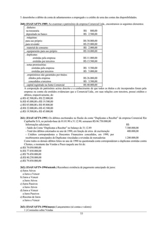 5. desembolso a débito da conta de adiantamentos a empregado e a crédito de uma das contas das disponibilidades.
260) (ESAF/AFTN-1989) Ao examinar o patrimônio da empresa Comercial Ltda., encontramos os seguintes elementos:
. dinheiro:
na tesouraria
depositado no banco
R$ 800,00
R$ 2.500,00
. máquinas:
para uso próprio
para revender
R$ 30.000,00
R$ 25.000,00
. material de consumo R$ 2.000,00
. equipamento para uso próprio R$ 10.000,00
. duplicatas:
emitidas pela empresa
emitidas por terceiros
R$ 11.000,00
R$ 13.500,00
. notas promissórias:
emitidas pela empresa
emitidas por terceiros
R$ 5.500,00
R$ 5.000,00
. empréstimos não garantidos por títulos:
obtidos pela empresa
concedidos a terceiros
R$ 26.000,00
R$ 3.500,00
. capital registrado na Junta Comercial R$ 40.000,00
A composição do patrimônio acima descrito e o conhecimento de que todos os títulos a ele incorporados foram pela
empresa ou contra ela emitidos evidenciam que a Comercial Ltda., em suas relações com terceiros, possui créditos e
débitos, respectivamente, de:
a) R$ 42.500,00 e R$ 22.000,00
b) R$ 45.000,00 e R$ 19.500,00
c) R$ 85.000,00 e R$ 89.800,00
d) R$ 22.000,00 e R$ 42.500,00
e) R$ 19.500,00 e R$ 45.000,00
261) (ESAF/AFTN-1991) Os débitos escriturados no Razão da conta “Duplicatas a Receber” da empresa Comercial Rio
Capibaribe S/A, no período-base de 01.01.90 a 31.12.90, somaram R$ 86.750.000,00
Informações adicionais: R$
- Saldo da Conta “Duplicatas a Receber” no balanço de 31.12.89 7.300.000,00
- Total dos débitos estornados no ano de 1990, em função de erros de escrituração 400.000,00
- Créditos correspondentes a Descontos Financeiros concedidos, em 1990, por
recebimentos antecipados de Duplicatas vinculadas a revendas de mercadorias 1.200.000,00
Como todos os demais débitos feitos no ano de 1990 na questionada conta corresponderam a duplicatas emitidas contra
Clientes, o montante das Vendas a Prazo naquele ano foi de:
a) R$ 79.050.000,00
b) R$ 77.850.000,00
c) R$ 79.450.000,00
d) R$ 80.250.000,00
e) R$ 79.850.000,00
262) (ESAF/AFTN-1994/setemb.) Reconhece existência de pagamento antecipado de juros:
a) Juros Ativos
a Juros a Vencer
b) Juros a Vencer
a Juros Ativos
c) Juros Passivos
a Juros Ativos
d) Juros a Vencer
a Juros Passivos
e) Receitas de Juros
a Juros a Vencer
263) (ESAF/AFTN-1994/março) Lançamentos (só contas e valores)
1 ) Comissões sobre Vendas
53
 