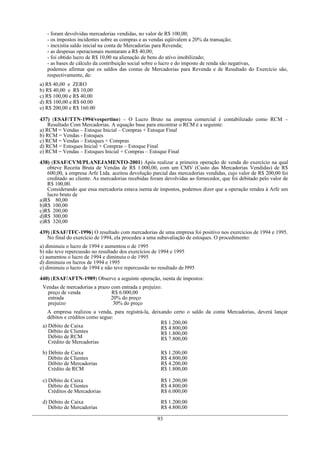 - foram devolvidas mercadorias vendidas, no valor de R$ 100,00;
- os impostos incidentes sobre as compras e as vendas eqüivalem a 20% da transação;
- inexistia saldo inicial na conta de Mercadorias para Revenda;
- as despesas operacionais montaram a R$ 40,00;
- foi obtido lucro de R$ 10,00 na alienação de bens do ativo imobilizado;
- as bases de cálculo da contribuição social sobre o lucro e do imposto de renda são negativas,
podemos afirmar que os saldos das contas de Mercadorias para Revenda e de Resultado do Exercício são,
respectivamente, de:
a) R$ 40,00 e ZERO
b) R$ 40,00 e R$ 10,00
c) R$ 100,00 e R$ 40,00
d) R$ 100,00 e R$ 60.00
e) R$ 200,00 e R$ 160.00
437) (ESAF/TTN-1994/vespertino) – O Lucro Bruto na empresa comercial é contabilizado como RCM –
Resultado Com Mercadorias. A equação base para encontrar o RCM é a seguinte:
a) RCM = Vendas – Estoque Inicial – Compras + Estoque Final
b) RCM = Vendas - Estoques
c) RCM = Vendas – Estoques + Compras
d) RCM = Estoques Inicial + Compras – Estoque Final
e) RCM = Vendas – Estoques Inicial + Compras – Estoque Final
438) (ESAF/CVM/PLANEJAMENTO-2001) Após realizar a primeira operação de venda do exercício na qual
obteve Receita Bruta de Vendas de R$ 1.000,00, com um CMV (Custo das Mercadorias Vendidas) de R$
600,00, a empresa Arfe Ltda. aceitou devolução parcial das mercadorias vendidas, cujo valor de R$ 200,00 foi
creditado ao cliente. As mercadorias recebidas foram devolvidas ao fornecedor, que foi debitado pelo valor de
R$ 100,00.
Considerando que essa mercadoria estava isenta de impostos, podemos dizer que a operação rendeu á Arfe um
lucro bruto de
a)R$ 80,00
b)R$ 100,00
c)R$ 200,00
d)R$ 300,00
e)R$ 320,00
439) (ESAF/TFC-1996) O resultado com mercadorias de uma empresa foi positivo nos exercícios de 1994 e 1995.
No final do exercício de 1994, ela procedeu a uma subavaliação de estoques. O procedimento:
a) diminuiu o lucro de 1994 e aumentou o de 1995
b) não teve repercussão no resultado dos exercícios de 1994 e 1995
c) aumentou o lucro de 1994 e diminuiu o de 1995
d) diminuiu os lucros de 1994 e 1995
e) diminuiu o lucro de 1994 e não teve repercussão no resultado de l995
440) (ESAF/AFTN-1989) Observe a seguinte operação, isenta de impostos:
Vendas de mercadorias a prazo com entrada e prejuízo:
preço de venda R$ 6.000,00
entrada 20% do preço
prejuízo 30% do preço
A empresa realizou a venda, para registrá-la, deixando certo o saldo da conta Mercadorias, deverá lançar
débitos e créditos como segue:
a) Débito de Caixa
Débito de Clientes
Débito de RCM
Crédito de Mercadorias
R$ 1.200,00
R$ 4.800,00
R$ 1.800,00
R$ 7.800,00
b) Débito de Caixa
Débito de Clientes
Débito de Mercadorias
Crédito de RCM
R$ 1.200,00
R$ 4.800,00
R$ 4.200,00
R$ 1.800,00
c) Débito de Caixa
Débito de Clientes
Créditos de Mercadorias
R$ 1.200,00
R$ 4.800,00
R$ 6.000,00
d) Débito de Caixa
Débito de Mercadorias
R$ 1.200,00
R$ 4.800,00
93
 