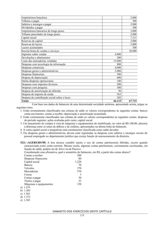 Empréstimos bancários                                                                                2.000
    Tributos a pagar                                                                                       500
    Salários e encargos a pagar                                                                          2.000
    Dividendos a pagar                                                                                     500
    Empréstimos bancários de longo prazo                                                                 3.000
    Tributos parcelados de longo prazo                                                                   2.000
    Capital social                                                                                       7.215
    Reservas de capital                                                                                  3.000
    Reservas de lucros                                                                                   2.000
    Lucros acumulados                                                                                      500
    Receita bruta de vendas e serviços                                                                  30.000
    Impostos sobre vendas                                                                   4.000
    Devoluções e abatimentos                                                                  200
    Custo das mercadorias vendidas                                                         15.000
    Despesas com tecnologia da informação                                                     800
    Despesas comerciais                                                                     4.000
    Despesas gerais e administrativas                                                       2.000
    Despesas financeiras                                                                      500
    Despesa de depreciação                                                                    600
    Outras despesas operacionais                                                              100
    Despesas com impostos diversos                                                            200
    Despesas com pesquisa                                                                     300
    Despesa de amortização do diferido                                                         50
    Despesa de imposto de renda                                                               563
    Despesa de contribuição social sobre o lucro                                              202
    Totais                                                                                 46.115       67.715
               Com base nos dados do balancete de uma determinada sociedade anônima, apresentado acima, julgue os
seguintes itens.
   1. Estão erroneamente classificados nas colunas de saldo os valores correspondentes às seguintes contas: bancos
       conta movimento; contas a receber; depreciação e amortização acumulada.
   2. Estão corretamente classificados nas colunas de saldo os valores correspondentes às seguintes contas: despesas
       do período seguinte; ações avaliadas pelo custo; capital social.
   3. Um lançamento de compra à vista de máquinas e equipamentos do imobilizado, no valor de R$ 100,00, alteraria
       a diferença entre os totais de débitos e de créditos, apresentados na última linha do balancete.
   4. A conta capital social a integralizar está corretamente classificada como saldo devedor.
   5. Em despesas gerais e administrativas, devem estar registradas as despesas com salários e encargos sociais do
       pessoal empregado no departamento jurídico que exerça função de assessoramento da diretoria.

   522) (AGERS/RS/98) A boa técnica contábil rejeita o uso de contas patrimoniais híbridas, exceto quando
      caracterizada como conta corrente. Mesmo assim, algumas contas patrimoniais, corretamente escrituradas, em
      função do saldo, podem ser de Ativo ou de Passivo.
      Considerando essa afirmativa, qual o somatório do balancete, em R$, a partir das contas abaixo?
      Contas a receber                               200
      Despesas financeiras                            80
      Capital social                               1.220
      Bancos                                          70
      Veículos                                       370
      Mercadorias                                    570
      Caixas                                           3
      Contas a pagar                                  30
      Títulos a pagar                                 53
      Máquinas e equipamentos                        150
   a) 1.233
   b) 1.303
   c) 1.363
   d) 1.373
   e) 1.383



                               GABARITO DOS EXERCÍCIOS DESTE CAPÍTULO
                                                        115
 