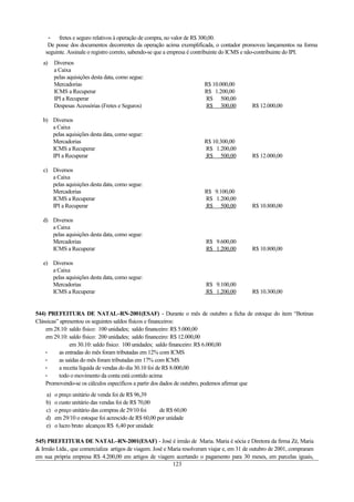 -    fretes e seguro relativos à operação de compra, no valor de R$ 300,00.
     De posse dos documentos decorrentes da operação acima exemplificada, o contador promoveu lançamentos na forma
    seguinte. Assinale o registro correto, sabendo-se que a empresa é contribuinte do ICMS e não-contribuinte do IPI.
   a)    Diversos
         a Caixa
         pelas aquisições desta data, como segue:
         Mercadorias                                                    R$ 10.000,00
         ICMS a Recuperar                                               R$ 1.200,00
         IPI a Recuperar                                                R$ 500,00
         Despesas Acessórias (Fretes e Seguros)                         R$ 300,00            R$ 12.000,00

   b) Diversos
      a Caixa
      pelas aquisições desta data, como segue:
      Mercadorias                                                       R$ 10.300,00
      ICMS a Recuperar                                                  R$ 1.200,00
      IPI a Recuperar                                                   R$ 500,00            R$ 12.000,00

   c) Diversos
      a Caixa
      pelas aquisições desta data, como segue:
      Mercadorias                                                        R$ 9.100,00
      ICMS a Recuperar                                                   R$ 1.200,00
      IPI a Recuperar                                                    R$ 500,00           R$ 10.800,00

   d) Diversos
      a Caixa
      pelas aquisições desta data, como segue:
      Mercadorias                                                        R$ 9.600,00
      ICMS a Recuperar                                                   R$ 1.200,00         R$ 10.800,00

   e) Diversos
      a Caixa
      pelas aquisições desta data, como segue:
      Mercadorias                                                        R$ 9.100,00
      ICMS a Recuperar                                                   R$ 1.200,00         R$ 10.300,00


544) PREFEITURA DE NATAL–RN-2001(ESAF) - Durante o mês de outubro a ficha de estoque do item “Botinas
Clássicas” apresentou os seguintes saldos físicos e financeiros:
    em 28.10: saldo físico: 100 unidades; saldo financeiro: R$ 5.000,00
    em 29.10: saldo físico: 200 unidades; saldo financeiro: R$ 12.000,00
               em 30.10: saldo físico: 100 unidades; saldo financeiro: R$ 6.000,00
    -     as entradas do mês foram tributadas em 12% com ICMS
    -     as saídas do mês foram tributadas em 17% com ICMS
    -     a receita líquida de vendas do dia 30.10 foi de R$ 8.000,00
    -     todo o movimento da conta está contido acima
    Promovendo-se os cálculos específicos a partir dos dados de outubro, podemos afirmar que
    a)   o preço unitário de venda foi de R$ 96,39
    b)   o custo unitário das vendas foi de R$ 70,00
    c)   o preço unitário das compras de 29/10 foi     de R$ 60,00
    d)   em 29/10 o estoque foi acrescido de R$ 60,00 por unidade
    e)   o lucro bruto alcançou R$ 6,40 por unidade

545) PREFEITURA DE NATAL–RN-2001(ESAF) - José é irmão de Maria. Maria é sócia e Diretora da firma Zé, Maria
& Irmão Ltda., que comercializa artigos de viagem. José e Maria resolveram viajar e, em 31 de outubro de 2001, compraram
em sua própria empresa R$ 4.200,00 em artigos de viagem acertando o pagamento para 30 meses, em parcelas iguais,
                                                           123
 
