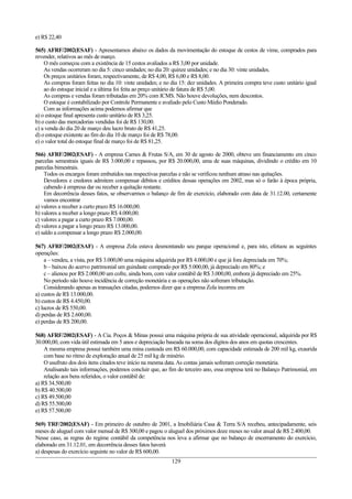 e) R$ 22,40

565) AFRF/2002(ESAF) - Apresentamos abaixo os dados da movimentação do estoque de cestos de vime, comprados para
revender, relativos ao mês de março.
    O mês começou com a existência de 15 cestos avaliados a R$ 3,00 por unidade.
    As vendas ocorreram no dia 5: cinco unidades; no dia 20: quinze unidades; e no dia 30: vinte unidades.
    Os preços unitários foram, respectivamente, de R$ 4,00, R$ 6,00 e R$ 8,00.
    As compras foram feitas no dia 10: vinte unidades; e no dia 15: dez unidades. A primeira compra teve custo unitário igual
    ao do estoque inicial e a última foi feita ao preço unitário de fatura de R$ 5,00.
    As compras e vendas foram tributadas em 20% com ICMS. Não houve devoluções, nem descontos.
    O estoque é contabilizado por Controle Permanente e avaliado pelo Custo Médio Ponderado.
    Com as informações acima podemos afirmar que
a) o estoque final apresenta custo unitário de R$ 3,25.
b) o custo das mercadorias vendidas foi de R$ 130,00.
c) a venda do dia 20 de março deu lucro bruto de R$ 41,25.
d) o estoque existente ao fim do dia 10 de março foi de R$ 78,00.
e) o valor total do estoque final de março foi de R$ 81,25.

566) AFRF/2002(ESAF) - A empresa Carnes & Frutas S/A, em 30 de agosto de 2000, obteve um financiamento em cinco
parcelas semestrais iguais de R$ 3.000,00 e repassou, por R$ 20.000,00, uma de suas máquinas, dividindo o crédito em 10
parcelas bimestrais.
    Todos os encargos foram embutidos nas respectivas parcelas e não se verificou nenhum atraso nas quitações.
    Devedores e credores admitem compensar débitos e créditos dessas operações em 2002, mas só o farão à época própria,
    cabendo à empresa dar ou receber a quitação restante.
    Em decorrência desses fatos, se observarmos o balanço de fim de exercício, elaborado com data de 31.12.00, certamente
    vamos encontrar
a) valores a receber a curto prazo R$ 16.000,00.
b) valores a receber a longo prazo R$ 4.000,00.
c) valores a pagar a curto prazo R$ 7.000,00.
d) valores a pagar a longo prazo R$ 13.000,00.
e) saldo a compensar a longo prazo R$ 2.000,00.

567) AFRF/2002(ESAF) - A empresa Zola estava desmontando seu parque operacional e, para isto, efetuou as seguintes
operações:
     a – vendeu, a vista, por R$ 3.000,00 uma máquina adquirida por R$ 4.000,00 e que já fora depreciada em 70%;
     b – baixou do acervo patrimonial um guindaste comprado por R$ 5.000,00, já depreciado em 80%; e
     c – alienou por R$ 2.000,00 um cofre, ainda bom, com valor contábil de R$ 3.000,00, embora já depreciado em 25%.
     No período não houve incidência de correção monetária e as operações não sofreram tributação.
     Considerando apenas as transações citadas, podemos dizer que a empresa Zola incorreu em
a) custos de R$ 13.000,00.
b) custos de R$ 4.450,00.
c) lucros de R$ 550,00.
d) perdas de R$ 2.600,00.
e) perdas de R$ 200,00.

568) AFRF/2002(ESAF) - A Cia. Poços & Minas possui uma máquina própria de sua atividade operacional, adquirida por R$
30.000,00, com vida útil estimada em 5 anos e depreciação baseada na soma dos dígitos dos anos em quotas crescentes.
    A mesma empresa possui também uma mina custeada em R$ 60.000,00, com capacidade estimada de 200 mil kg, exaurida
    com base no ritmo de exploração anual de 25 mil kg de minério.
    O usufruto dos dois itens citados teve início na mesma data. As contas jamais sofreram correção monetária.
    Analisando tais informações, podemos concluir que, ao fim do terceiro ano, essa empresa terá no Balanço Patrimonial, em
    relação aos bens referidos, o valor contábil de:
a) R$ 34.500,00
b) R$ 40.500,00
c) R$ 49.500,00
d) R$ 55.500,00
e) R$ 57.500,00

569) TRF/2002(ESAF) - Em primeiro de outubro de 2001, a Imobiliária Casa & Terra S/A recebeu, antecipadamente, seis
meses de aluguel com valor mensal de R$ 300,00 e pagou o aluguel dos próximos doze meses no valor anual de R$ 2.400,00.
Nesse caso, as regras do regime contábil da competência nos leva a afirmar que no balanço de encerramento do exercício,
elaborado em 31.12.01, em decorrência desses fatos haverá
a) despesas do exercício seguinte no valor de R$ 600,00.
                                                            129
 