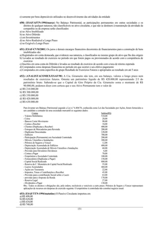 e) somente por bens depreciáveis utilizados no desenvolvimento das atividades da entidade

650) (ESAF/AFTN-1994/março) No Balanço Patrimonial, as participações permanentes em outras sociedades e os
    direitos de qualquer natureza, não classificáveis no ativo circulante, e que não se destinem à manutenção da atividade da
    companhia ou da empresa serão classificados
a) no Ativo Imobilizado
b) no Ativo Diferido
c) em Investimentos
d) no Ativo Realizável a Longo Prazo
e) no Exigível a Longo Prazo

651) (ESAF-CVM/2001) Os juros e demais encargos financeiros decorrentes de financiamentos para a construção de bens
    imobilizados são:
a) Registrados em conta destacada, que evidencie sua natureza, e classificados no mesmo grupo do ativo que lhe deu origem
b) Levados ao resultado do exercício no período em que forem pagos ou provisionados de acordo com a competência de
    exercício
c) Inscritos em uma conta do Diferido e levados ao resultado do exercício de acordo com a taxa de retorno esperada
d) Computados como despesas financeiras no período em que ocorrer o seu efetivo pagamento
e) Computados em conta específica do grupo Resultado de Exercícios Futuros e apropriados ao resultado em até 5 anos

652) (ANALISTACOMEX/ESAF/98) A Cia. Giramuito não tem, em seu balanço, valores a longo prazo nem
    resultados de exercícios futuros. Ostenta um patrimônio líquido de R$ 420.000,00 representando 2/3 do
    patrimônio bruto. Sabendo-se que o Capital de Giro Próprio da Cia. Giramuito soma o montante de R$
    90.000,00, podemos dizer com certeza que o seu Ativo Permanente tem o valor de
a) R$ 210.000,00
b) R$ 300.000,00
c) R$ 330.000,00
d) R$ 420.000,00
e) R$ 630.000,00

   Para levantar um Balanço Patrimonial segundo a Lei n.º 6.404/76, conhecida como Lei das Sociedades por Ações, foram fornecidos a
   um candidato a contador de uma sociedade mercantil os seguintes dados:
             Contas                                                                        Saldos(R$)
   - Valores Mobiliários                                                                   510,00
   - Caixa                                                                                  20,00
   - Bancos Conta Movimento                                                                 90,00
   - Contas a Receber                                                                       10,00
   - Clientes (Duplicatas a Receber)                                                       400,00
   - Estoques de Mercadorias para Revenda                                                  200,00
   - Duplicatas Descontadas                                                                120,00
   - Edifícios                                                                             700,00
   - Participação (Permanente) em Sociedade Controlada                                     200,00
   - Móveis, Utensílios e Instalações                                                      300,00
   - Prêmios de Seguros a Vencer                                                            12,00
   - Depreciação Acumulada de Edifícios                                                    400,00
   - Depreciação Acumulada de Móveis Utensílios e Instalações                               60,00
   - Provisão para Devedores Duvidosos                                                       6,60
   - Contas a Pagar                                                                         70,00
   - Empréstimo a Sociedade Controlada                                                     100,00
   - Fornecedores (Duplicatas a Pagar)                                                     150,00
   - Capital Social Realizado                                                              800,00
   - Reserva da C. Monetária do Capital Social Realizado                                    55,00
   - Lucros Acumulados                                                                     468,00
   - Ações em Tesouraria                                                                    22,00
   - Impostos, Taxas e Contribuições a Recolher                                             45,00
   - Provisão para a contribuição Social sobre o Lucro                                      63,00
   - provisão para o Imposto de Renda                                                      170,00
   - Reserva Legal                                                                          27,00
   - Dividendos a Pagar                                                                    130,00
   0bs.: Todos os direitos e obrigações são, pela ordem, realizáveis e vencíveis a curto prazo. Prêmios de Seguro a Vencer representam
   aplicações de recursos em despesas do exercido seguinte. O empréstimo à controlada não constitui negócio usual.

653) (ESAF/TTN-1994/matutino) O Passivo Circulante importou em
a) R$ 498,00
b) R$ 628,00
c) R$ 634,00
d) R$ 748,00
                                                              151
 