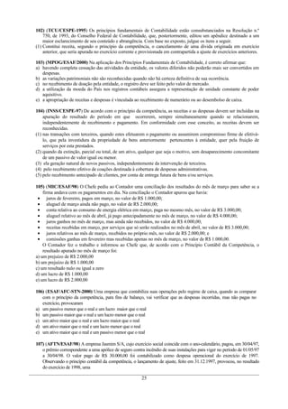 102) (TCU/CESPE-1995) Os princípios fundamentais de Contabilidade estão consubstanciados na Resolução n.º
    750, de 1993, do Conselho Federal de Contabilidade, que, posteriormente, editou um apêndice destinado a um
    maior esclarecimento de seu conteúdo e abrangência. Com base no exposto, julgue os itens a seguir.
(1) Constitui receita, segundo o princípio da competência, o cancelamento de uma dívida originada em exercício
    anterior, que seria apurada no exercício corrente e provisionada em contrapartida a ajuste de exercícios anteriores.

103) (MPOG/ESAF/2000) Na aplicação dos Princípios Fundamentais de Contabilidade, é correto afirmar que:
a) havendo completa cessação das atividades da entidade, os valores diferidos não poderão mais ser convertidos em
   despesas.
b) as variações patrimoniais não são reconhecidas quando não há certeza definitiva de sua ocorrência.
c) no recebimento de doação pela entidade, o registro deve ser feito pelo valor de mercado.
d) a utilização da moeda do País nos registros contábeis assegura a representação de unidade constante de poder
   aquisitivo.
e) a apropriação de receitas e despesas é vinculada ao recebimento de numerário ou ao desembolso de caixa.

104) (INSS/CESPE-97) De acordo com o princípio da competência, as receitas e as despesas devem ser incluídas na
    apuração do resultado do período em que ocorrerem, sempre simultaneamente quando se relacionarem,
    independentemente de recebimento e pagamento. Em conformidade com esse conceito, as receitas devem ser
    reconhecidas.
(1) nas transações com terceiros, quando estes efetuarem o pagamento ou assumirem compromisso firme de efetivá-
    lo, que pela investidura da propriedade de bens anteriormente pertencentes à entidade, quer pela fruição de
    serviços por esta prestados.
(2) quando da extinção, parcial ou total, de um ativo, qualquer que seja o motivo, sem desaparecimento concomitante
    de um passivo de valor igual ou menor.
(3) ela geração natural de novos passivos, independentemente da intervenção de terceiros.
(4) pelo recebimento efetivo de coações destinada à cobertura de despesas administrativas.
(5) pelo recebimento antecipado de clientes, por conta de entrega futura de bens e/ou serviços.

105) (MIC/ESAF/98) O Chefe pediu ao Contador uma conciliação dos resultados do mês de março para saber se a
    firma andava com os pagamentos em dia. Na conciliação o Contador apurou que havia:
 • juros de fevereiro, pagos em março, no valor de R$ 1.000,00;
 • aluguel de março ainda não pago, no valor de R$ 2.000,00;
 • conta relativa ao consumo de energia elétrica em março, paga no mesmo mês, no valor de R$ 3.000,00;
 • aluguel relativo ao mês de abril, já pago antecipadamente no mês de março, no valor de R$ 4.000,00;
 • juros ganhos no mês de março, mas ainda não recebidos, no valor de R$ 4.000,00;
 • receitas recebidas em março, por serviços que só serão realizados no mês de abril, no valor de R$ 3.000,00;
 • juros relativos ao mês de março, recebidos no próprio mês, no valor de R$ 2.000,00; e
 • comissões ganhas em fevereiro mas recebidas apenas no mês de março, no valor de R$ 1.000,00.
    O Contador fez o trabalho e informou ao Chefe que, de acordo com o Princípio Contábil da Competência, o
    resultado apurado no mês de março foi:
a) um prejuízo de R$ 2.000,00
b) um prejuízo de R$ 1.000,00
c) um resultado nulo ou igual a zero
d) um lucro de R$ 1.000,00
e) um lucro de R$ 2.000,00

106) (ESAF/AFC-STN-2000) Uma empresa que contabiliza suas operações pelo regime de caixa, quando as comparar
   com o princípio da competência, para fins de balanço, vai verificar que as despesas incorridas, mas não pagas no
   exercício, provocaram
a) um passivo menor que o real e um lucro maior que o real
b) um passivo maior que o real e um lucro menor que o real
c) um ativo maior que o real e um lucro maior que o real
d) um ativo maior que o real e um lucro menor que o real
e) um ativo maior que o real e um passivo menor que o real

107) (AFTN/ESAF/98) A empresa Jasmim S/A, cujo exercício social coincide com o ano-calendário, pagou, em 30/04/97,
   o prêmio correspondente a uma apólice de seguro contra incêndio de suas instalações para viger no período de 01/05/97
   a 30/04/98. O valor pago de R$ 30.000,00 foi contabilizado como despesa operacional do exercício de 1997.
   Observando o princípio contábil da competência, o lançamento de ajuste, feito em 31.12.1997, provocou, no resultado
   do exercício de 1998, uma

                                                        25
 
