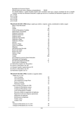 Resultados de Exercícios Futuros
    (Receita maior que custos e despesas correspondentes)       200,00
    No referido balanço o capital circulante líquido (ativo circulante maior que o passivo circulante) foi de $ 2.168,00.
    Assinale, com base nos elementos fornecidos, a opção que tem em si o somatório do Patrimônio Líquido em 31/12/93
a) $ 679,00
b) $ 2.215,00
c) $ 2.423,00
d) $ 2.615,00
e) $ 2.516,00

704) (ESAF/AFC/SFC-1996) Indique a opção que contém a resposta correta, considerando os dados a seguir:
    Banco Conta Movimento                                       10
    Caixa                                                        5
    Capital                                                     80
    Custo de Mercadorias Vendidas                             120
    Depreciações Acumuladas                                      5
    Despesas Comerciais                                         30
    Despesas Financeiras                                        40
    Despesas Gerais                                             60
    Duplicatas Descontadas                                       5
    Duplicatas a Pagar                                          50
    Duplicatas a Receber                                        50
    Imóveis                                                     20
    Impostos a Pagar                                            60
    Lucros Acumulados                                           30
    Máquinas                                                    35
    Mercadorias para Revenda                                  155
    Reserva de Capital                                          20
    Reserva de Lucro                                            15
    Salários a Pagar                                            10
    Veículos                                                    50
    Vendas                                                    300
    Do resultado do exercício foram destacados:
    Participação de Empregados                                  5
    Provisão para Imposto do Renda                             10
    Reserva para Contingências                                  5
a) o Patrimônio Líquido é de 180, positivo
b) o Passivo a Descoberto é de 180
c) a Situação Líquida é superavitária de 195
d) o Passivo a Descoberto é de 195
e)o Patrimônio Líquido é de 315

705) (ESAF/AFC/SFC-1996) Considere os seguintes dados:
   - Saldos em 31 12.95
       Ativo Circulante                                               60
       Ativo Permanente                                               30
       Ativo Realizável a Longo Prazo                                 10
       Passivo Circulante                                             45
       Patrimônio Líquido                                             55
   - Fatos ocorridos em janeiro de 1996
       Compras de Mercadorias a prazo                                 30
       Compras de Mercadorias a vista                                 20
       Custo de Mercadorias Vendidas                                  45
       Descontos obtidos no pagamento de duplicatas                   10
       Pagamento de diversos despesas operacionais                    50
       Pagamentos de duplicatas                                       25
       Recebimento de duplicatas                                      15
       Vendas a prazo                                                 35
       Vendas a vista                                                 25
   Obs.:
   - Estoque de Mercadorias em 31.12.95 -                             40
   - Estoque de Mercadorias em 31.01.96 -                             45
                                                        164
 