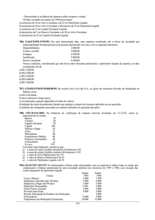 - Desconsidere a incidência de impostos sobre compras e vendas.
    Os fatos ocorridos em janeiro de 1996 provocaram:
a) acréscimo de 30 no Ativo Circulante e de 25 no Patrimônio Líquido
b) acréscimo de 30 no Ativo Circulante e decréscimo de 25 no Patrimônio Líquido
c) acréscimo de 25 no Capital Circulante Líquido
d) decréscimo de 5 no Passivo Circulante e de 30 no Ativo Circulante
e) decréscimo de 25 no Capital Circulante Líquido

706) (Unb/CESPE-STM-99) Em uma determinada data, uma empresa constituída sob a forma de sociedade por
    responsabilidade limitada possuía uma posição patrimonial, em reais, com os seguintes elementos:
    Disponibilidades                                1.000,00
    Contas a receber                                3.000,00
    Estoques                                        4.500,00
    Imobilizado                                     5 000,00
    Passivo circulante                              6.500,00
    Nessas condições, considerando que não havia outro elemento patrimonial, o patrimônio líquido da empresa, na data
    considerada, era de
a) R$ 3.500,00.
b) R$ 4.500,00.
c) R$ 5.500,00
d) R$ 6.000,00.
e) R$ 7.000,00.

707) (CESPE/STM/SUPERIOR/99) De acordo com a Lei das S.A., as ações em tesouraria deverão ser destacadas no
    balanço como
a) ativo circulante.
b) ativo realizável a longo prazo.
c) investimentos, quando adquiridas em bolsa de valores.
d) dedução da conta do patrimônio líquido que registrar a origem dos recursos aplicados na sua aquisição.
e) dedução das obrigações associadas aos capitais utilizados na aquisição das ações.

708) (TFC/ESAF-2001) No balancete de verificação da empresa Gaivota, levantado em 31.12.X1, assim se
   apresentavam as contas:
     Bancos                     10
     Clientes                   20
     Capital a Realizar         50
     Capital                   100
     Salários a Pagar           10
     Caixa                      15
     Mercadorias                40
     Empréstimos Obtidos        40
     Prejuízos Acumulados       20
     Fornecedores                5
     Soma                     310
   Com base nesse balancete, conclui-se que:
   a) a soma da coluna 1(saldos devedores) do balancete é 85
   b) a soma da coluna 2(saldos credores) do balancete é 105
   c) o valor do Ativo Patrimonial é de 155
   d) o valor do Passivo Patrimonial é de 65
   e) o valor do Patrimônio Líquido é de 30

709) (ESAF/TFC-SFC/97) No demonstrativo abaixo estão relacionadas, com os respectivos saldos, todas as contas que
   compuseram o balanço patrimonial de uma sociedade anônima nos exercícios de 1995 e 1996, com exceção das
   contas integrantes do patrimônio líquido.
                                                         Saldos      Saldos
                            Contas                         1995       1996
    Caixa e Bancos                                        1.000       1.500
    Duplicatas a Receber (até 120 dias)                   5.000       6.000
    Duplicatas a Pagar (até 90 dias)                      3.000       3.000
    Duplicatas Descontadas                               1.500        2.000
    Notas Fiscais a Faturar                               2.000       3.000
    Provisão para Férias                                  4.000       5.000
    Receita Antecipada de Produtos em Fabricação         -            2.000
    Fornecedores                                          6.000       5.000
    Empréstimos de Instituições Financeiras             10.000       12.000
                                                       165
 