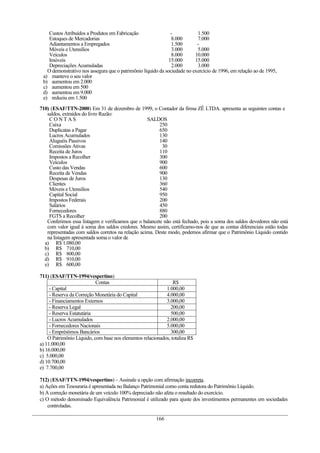 Custos Atribuídos a Produtos em Fabricação                  -           1.500
   Estoques de Mercadorias                                     8.000       7.000
   Adiantamentos a Empregados                                  1.500       -
   Móveis e Utensílios                                         3.000       5.000
   Veículos                                                    8.000      10.000
   Imóveis                                                    15.000      15.000
   Depreciações Acumuladas                                     2.000       3.000
   O demonstrativo nos assegura que o patrimônio líquido da sociedade no exercício de 1996, em relação ao de 1995,
 a) manteve o seu valor
 b) aumentou em 2.000
 c) aumentou em 500
 d) aumentou em 9.000
 e) reduziu em 1.500

710) (ESAF/TTN-2000) Em 31 de dezembro de 1999, o Contador da firma ZÊ LTDA. apresenta as seguintes contas e
   saldos, extraídos do livro Razão:
    CONTAS                                         SALDOS
    Caixa                                               250
    Duplicatas a Pagar                                  650
    Lucros Acumulados                                   130
    Aluguéis Passivos                                   140
    Comissões Ativas                                      30
    Receita de Juros                                    110
    Impostos a Recolher                                 300
    Veículos                                            900
    Custo das Vendas                                    600
    Receita de Vendas                                   900
    Despesas de Juros                                   130
    Clientes                                            360
    Móveis e Utensílios                                 540
    Capital Social                                      950
    Impostos Federais                                   200
    Salários                                            450
    Fornecedores                                        880
    FGTS a Recolher                                     200
   Conferimos essa listagem e verificamos que o balancete não está fechado, pois a soma dos saldos devedores não está
   com valor igual à soma dos saldos credores. Mesmo assim, certificamo-nos de que as contas diferenciais estão todas
   representadas com saldos corretos na relação acima. Deste modo, podemos afirmar que o Patrimônio Líquido contido
   na listagem apresentada soma o valor de
  a) R$ 1.080,00
  b) R$ 710,00
  c) R$ 800,00
  d) R$ 910,00
  e) R$ 600,00

711) (ESAF/TTN-1994/vespertino)
                           Contas                               R$
     - Capital                                              1.000,00
     - Reserva da Correção Monetária do Capital             4.000,00
     - Financiamentos Externos                              3.000,00
     - Reserva Legal                                          200,00
     - Reserva Estatutária                                    500,00
     - Lucros Acumulados                                    2.000,00
     - Fornecedores Nacionais                               5.000,00
     - Empréstimos Bancários                                  300,00
    O Patrimônio Líquido, com base nos elementos relacionados, totaliza R$
a) 11.000,00
b) 16.000,00
c) 5.000,00
d) 10.700,00
e) 7.700,00

712) (ESAF/TTN-1994/vespertino) – Assinale a opção com afirmação incorreta.
a) Ações em Tesouraria é apresentada no Balanço Patrimonial como conta redutora do Patrimônio Líquido.
b) A correção monetária de um veículo 100% depreciado não afeta o resultado do exercício.
c) O método denominado Equivalência Patrimonial é utilizado para ajuste dos investimentos permanentes em sociedades
    controladas.

                                                        166
 