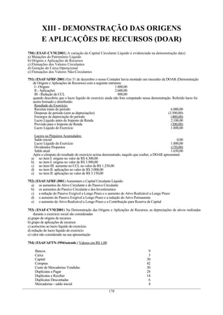 XIII - DEMONSTRAÇÃO DAS ORIGENS
         E APLICAÇÕES DE RECURSOS (DOAR)
750) (ESAF-CVM/2001) A variação do Capital Circulante Líquido é evidenciada na demonstração da(s)
a) Mutações do Patrimônio Líquido
b) Origens e Aplicações de Recursos
c) Flutuações dos Valores Circulantes
d) Geração do Caixa Operacional
e) Flutuações dos Valores Não-Circulantes

751) (ESAF/AFRF-2001) Em 31 de dezembro o nosso Contador havia montado um rascunho da DOAR (Demonstração
   de Origens e Aplicações de Recursos) com a seguinte estrutura:
    I - Origens                                             1.800,00
    II - Aplicações                                         2.600,00
    III - Redução de CCL                                      800,00
   quando descobriu que o lucro líquido do exercício ainda não fora computado nessa demonstração. Referido lucro foi
   assim formado e distribuído:
    Resultado do Exercício:
    Receitas totais do período                                                                   6.000,00
    Despesas do período (sem as depreciações)                                                  (3.500,00)
    Encargos de depreciação do período                                                           (400,00)
    Lucro Líquido antes do Imposto de Renda                                                      2.100,00
    Provisão para o Imposto de Renda                                                             (300,00)
    Lucro Líquido do Exercício                                                                   1.800,00

    Lucros ou Prejuízos Acumulados:
    Saldo inicial                                                                                  0,00
    Lucro Líquido do Exercício                                                                 1.800,00
    Dividendos Propostos                                                                       (150,00)
    Saldo atual                                                                                1.650,00
   Após o cômputo do resultado do exercício acima demonstrado, naquilo que couber, a DOAR apresentará:
  a) no item I: origens no valor de R$ 4.300,00
  b) no item I: origens no valor de R$ 3.900,00
  c) no item III: aumento no CCL no valor de R$ 1.250,00
  d) no item II: aplicações no valor de R$ 3.000,00
  e) no item II: aplicações no valor de R$ 3.150,00

752) (ESAF/AFRF-2001) Aumentam o Capital Circulante Líquido:
  a) os aumentos do Ativo Circulante e do Passivo Circulante
  b) os aumentos do Passivo Circulante e dos Investimentos
  c) a redução do Passivo Exigível a Longo Prazo e o aumento do Ativo Realizável a Longo Prazo
  d) o aumento do Passivo Exigível a Longo Prazo e a redução do Ativo Permanente
  e) o aumento do Ativo Realizável a Longo Prazo e a Contribuição para Reserva de Capital

753) (ESAF-CVM/2001) Na Demonstração das Origens e Aplicações de Recursos, as depreciações de ativos realizadas
    durante o exercício social são consideradas
a) grupo de origens de recursos
b) grupo de aplicações de recursos
c) acréscimo ao lucro líquido do exercício
d) redução do lucro líquido do exercício
e) valor não considerado na sua apresentação

754) (ESAF/AFTN-1994/setemb.) Valores em R$ 1,00

    Bancos                                                                       9
    Caixa                                                                        3
    Capital                                                                     30
    Compras                                                                     42
    Custo de Mercadorias Vendidas                                               30
    Duplicatas a Pagar                                                          28
    Duplicatas e Receber                                                        14
    Duplicatas Descontadas                                                       6
    Mercadorias - saldo inicial                                                  4
                                                       178
 