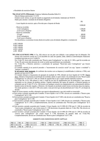 a Resultados de exercícios futuros

  796) (ESAF/AFTN-1994/setemb.) Empresa: Indústrias Reunidas Delta S/A
     Data do balanço patrimonial: 31.12.92
     Estatuto social: omisso, no que diz respeito ao pagamento de dividendos. Inalterado até 30.04.93.
     Dados para calcular o montante de dividendo obrigatório:
                                                                                                               R$
       - Lucro líquido do exercício, após a Provisão para o Imposto de Renda
                                                                                                             8.000,00
      - Reservas revertidas
        1) de Contingência                                                                                   1.200,00
        2) de Lucros a Realizar                                                                                300,00
      - Reservas constituídas
        3) Legal                                                                                               400,00
        4) de Contingência                                                                                   1.700,00
        5) de Lucros a Realizar                                                                                200,00
     Em decorrência, os acionistas tiveram direito de receber como dividendo obrigatório o montante de:

   a) R$ 3.800,00
   b) R$ 3.600,00
   c) R$ 1.800,00
   d) R$ 1.600,00
   e) R$ 800,00

  797) (FISCAL/ICMS/SC-1998) A Cia. Alfa situa-se em um país sem inflação e sem qualquer tipo de tributação. Ela
      encerra seus exercícios sociais em 31 de dezembro de cada ano quando, então, elabora as demonstrações financeiras
      (contábeis) previstas na Lei no 6.404/76.
      Em 31/dez./95, havia sido constituída uma "Reserva para Contingências" no valor de $ 1.300 a qual foi revertida em
      31/dez./96, pois nesta data deixaram de existir as razões que justificaram sua constituição.
      Em 31/dez./96, a Diretoria autorizou a constituição de quaisquer "Reserva(s) para Contingências" que fossem
      necessárias.
      O Contador entende já ser possível proceder o "encerramento do exercício social" (ou seja, "apurar o resultado" e
      "destinar o resultado").
      Se tal ocorrer neste momento, do confronto das receitas com as despesas já contabilizadas (e relativas a 1996), será
      apurado um lucro de $ 8.700.
      O Contador efetuará os lançamentos de apuração do resultado de 1996, obtendo um lucro líquido de $ 8.700. Depois
      disso, efetuará os lançamentos de destinação do resultado, dentre os quais estará o da constituição de uma "Reserva para
      Contingências" no valor de $ 1.100, em virtude do seguinte fato (o que a seguir narrado realmente ocorreu):
      Em 31/dez./96, a Cia. Alfa efetuou à vista, a venda de um lote de equipamentos por ela produzidos e que estavam
      registrados no seu estoque de produtos prontos. Fugindo totalmente das regras da empresa, a Diretoria garantiu ao
      comprador que até 31/dez./97 a Cia. Alfa arcaria com qualquer conserto nos equipamentos caso apresentassem defeitos.
      Quando tomou tal decisão singular, a Diretoria o fez baseada em profundo estudo técnico de diversas áreas da empresa.
      Tal estudo apontava o valor de $ 1.100 como sendo o mais provável que ela desembolsaria até 31/dez./97, em função da
      decisão.
  Diante do acima exposto, escolha a alternativa que aprecia adequadamente o que está contido no enunciado:
  a) Está correta a posição assumida pelo Contador. O lucro líquido é de $ 8.700 e deveria ser constituída a "Reserva para
      Contingências" de $ 1.100.
  b) Está incorreta a posição assumida pelo Contador. O lucro líquido é de $ 7.600 e não deveria ser constituída uma "Reserva
      para Contingências" de $ 1.100.
  c) Está incorreta a posição assumida pelo Contador. O lucro líquido é de $ 7.600, deveria ser constituída a "Reserva para
      Contingências" de $ 1.100 e, complementarmente, deveria ser constituída uma "Provisão para Contingências" de $
      1.100.
  d) Está incorreta a posição assumida pelo Contador. O lucro líquido é de $ 8.900 ($ 8.700 mais $ 1.300 da reversão da
      "reserva para contingências" que existia menos $ 1.100 decorrentes da garantia dada em 31/dez./96). Não deveria ser
      constituída a "Reserva para Contingências" de $ 1.100.
  e) Está incorreta a posição assumida pelo Contador. O lucro líquido é de $ 8.900 ($ 8.700 mais $ 1.300 da reversão da
      "reserva para contingências" que existia menos $ 1.100 decorrentes da garantia dada em 31/dez./96).
      Complementarmente, deveria ser constituída uma "Reserva para Contingências" de $ 1.100.

                                  GABARITO DOS EXERCÍCIOS DESTE CAPÍTULO

780- A    781- A       782- C C C E C          783- D       784- C C E E E          785- E E C E E          786- C
787- C E C E E         788- C E C C E          789- E       790- B    791- B        792- B    793- E        794- A
795- B    796- B       797- B

                                                            191
 