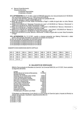 e)     Bancos Conta Movimento
           Despesas Bancárias
                 a Duplicatas Descontadas
                 a Duplicatas a Receber

  511) (AFTN/ESAF/96) Em 01.10.19X1 a CIA ALVORECER desconta uma nota promissória de $ 100.000,00,
      com vencimento previsto para 31.01.19X2 e juros de $ 8.000,00.
      Com base nesta afirmativa, assinale a opção correta nas questões 08 e 09.
      Na data da operação o registro contábil efetuado foi:
  a) débito de $ 92.000,00 na conta “Notas Promissórias a Pagar” e crédito de igual valor na conta “Bancos
      Conta Movimento”
  b) débitos de $ 8.000,00 em “Despesas Financeiras de Juros” e $ 92.000,00 em “Bancos c/ Movimento” e
      crédito de $ 100.000,00 em “Notas Promissórias a Pagar”
  c) débito de $ 8.000,00 em “Encargos Financeiros a Transcorrer”, $ 92.000,00 em “Bancos c/ Movimento” e
      crédito de $ 100.000,00 em “Notas Promissórias a Pagar”
  d) débitos de $ 8.000,00 em “Resultados de Exercícios Futuros - Juros Ativos”, $ 92.000,00 em “Bancos c/
      Movimento” e crédito de $ 100.000,00 em “Notas Promissórias a Pagar”
  e) débitos de $ 92.000,00 na conta “Bancos c/ Movimento” e crédito de igual valor na conta “Nota Promissória
      a Pagar”

  512) (AFTN/ESAF/96) Em 31.12.19X1, quando a empresa apresentar seu Balanço Patrimonial, o efeito
      gerado pela operação retrocitada na apuração do resultado da empresa é
  a) nulo, por se tratar de Resultado de Exercícios Futuros
  b) de apropriação de despesa financeira em $ 4.000,00
  c) de apropriação de despesa financeira em $ 8.000,00
  d) de apropriação de despesa financeira em $ 2.000,00
  e) de apropriação de despesa financeira em $ 6.000,00

GABARITO DOS EXERCÍCIOS DESTE CAPÍTULO


  481- C      482- D    483- A   484- D     485- E     486- A    487- D     488- C    589- A     490- C
  491- D      492- B    493- B   494- D     495- A     496- A    497- A     498- B    499- B     500- E
  501- B      502- A    503- C   504- C     505- E     506- C    507- B     508- C    509- C     510- C
  511- C      512- E



                                  IX - BALANCETE DE VERIFICAÇÃO
     513) Da "Demonstração do Resultado do Exercício" da Comercial XMW S/A, em 31/12/X1, foram extraídos
     os seguintes elementos:

         Contas                                         R$
         Receita (Bruta) da Venda de Mercadorias     110.000,0
         Receitas financeiras                                 0
         Despesas de comissões sobre vendas           3.000,00
         Outras Despesas operacionais                 2.000,00
         Custo das mercadorias vendidas              13.000,00
         Descontos Incondicionais Concedidos         52.750,00
         PIS sobre a Receita Bruta                   10.000,00
         Cofins sobre a Receita Bruta                   750,00
         Receitas Não-operacionais                      500,00
         Despesas Não-operacionais.                   4.000,00
         Outras despesas                                750,00
         ICMS sobre vendas                            4.000,00
         Despesas financeiras                        16.000,00
         Provisão para o IR (sobre Lucro Real)        1.000,00
                                                      6.250,00
      O Resultado com Mercadorias (Lucro Bruto) e o Lucro Líquido do Exercício (após o Imposto de Renda) na
      referida demonstração, importaram, respectivamente (R$), em:
  a) 31.250 e 10.000;
  b) 28.000 e 17.000;
  c) 30.000 e 10.000;
  d) 29.250 e 13,000;
  e) 33.000 e 11.250.



                                                                                                                 11
 