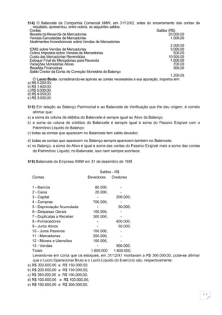 514) O Balancete da Companhia Comercial XMW, em 31/12/X2, antes do encerramento das contas de
    resultado, apresentou, entre outros, os seguintes saldos.
 Contas                                                                      Saldos (R$)
 Receita da Revenda de Mercadorias                                                   20.000,00
 Vendas Canceladas de Mercadorias                                                      1.000,00
 Abatimentos Incondicionais sobre Vendas de Mercadorias
                                                                                       2.000,00
 ICMS sobre Vendas de Mercadorias                                                      3.000,00
 Outros Impostos sobre Vendas de Mercadorias                                             500,00
 Custo das Mercadorias Revendidas                                                    10.500,00
 Estoque Final de Mercadorias para Revenda                                             1.600,00
 Variações Monetárias Ativas                                                             700,00
 Receitas Financeiras                                                                    300,00
 Saldo Credor da Conta de Correção Monetária do Balanço
                                                                                       1.200,00
    O Lucro Bruto, considerando-se apenas as contas necessárias á sua apuração, importou em:
a) R$ 5.200,00;
b) R$ 1.400,00;
c) R$ 5.000,00;
d) R$ 4.000,00
e) R$ 3.000,00.

515) Em relação ao Balanço Patrimonial e ao Balancete de Verificação que lhe deu origem, é correto
    afirmar que:
a) a soma da coluna de débitos do Balancete é sempre igual ao Ativo do Balanço;
b) a soma da coluna de créditos do Balancete é sempre igual à soma do Passivo Exigível com o
    Patrimônio Líquido do Balanço;
c) todas as contas que aparecem no Balancete tem saldo devedor;

d) todas as contas que aparecem no Balanço sempre aparecem também no Balancete;
e) no Balanço, a soma do Ativo é igual à soma das contas do Passivo Exigível mais a soma das contas
    do Patrimônio Líquido; no Balancete, isso nem sempre acontece.

516) Balancete da Empresa XMW em 31 de dezembro de 19Xl

                                        Saldos - R$
  Contas                          Devedores   Credores

   1 - Bancos                           80.000,       -
   2 - Caixa                            20.000,       -
   3 - Capital                           -          200.000,
   4 - Compras                        700.000,        -
   5 - Depreciação Acumulada             -           50.000,
   6 - Despesas Gerais                100.000,        -
   7 - Duplicatas a Receber           300.000,        -
   8 - Fornecedores                      -          400.000,
   9 - Juros Ativos                      -           50.000,
   10 - Juros Passivos                100.000,        -
   11 - Mercadorias                   200.000,        -
   12 - Móveis e Utensílios           100.000,        -
   13 - Vendas                           -          900.000,
   Totais                            1.600.000    1.600.000,
   Levando-se em conta que os estoques, em 31/12/X1 montavam a R$ 300.000,00, pode-se afirmar
   que o Lucro Operacional Bruto e o Lucro Líquido do Exercício são, respectivamente:
a) R$ 300,000,00 e R$ 150.000,00;
b) R$ 200.000,00 e R$ 150.000,00;
c) R$ 350.000,00 e R$ 150,000,00;
d) R$ 100.000,00 e R$ 100.000,00;
e) R$ 150.000,00 e R$ 300.000,00.

                                                                                                      11
 