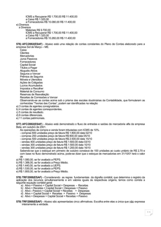 ICMS a Recuperar R$ 1.700,00 R$ 11.400,00
         a Caixa R$ 1.320,00
         a Fornecedores R$ 10.080,00 R$ 11.400,00
e) Diversos
   a Diversos
         Materiais R$ 9.700,00
         ICMS a Recuperar R$ 1.700,00 R$ 11.400,00
         a Caixa R$ 1.320,00
         a Fornecedores R$ 10.260,00 R$ 11.400,00

576) AFC/2002(ESAF) - Abaixo está uma relação de contas constantes do Plano de Contas elaborado para a
empresa Sol de Março – ME.
    Caixa
    Clientes
    Mercadorias
    Juros Passivos
    Fornecedores
    Capital Social
    Títulos a Pagar
    Aluguéis Ativos
    Seguros a Vencer
    Prêmios de Seguros
    Móveis e Utensílios
    Ações de Coligadas
    Lucros Acumulados
    Impostos a Recolher
    Material de Consumo
    Reservas de Reavaliação
    Receitas de Comissões a Vencer
    Observando-se as contas acima sob o prisma das escolas doutrinárias da Contabilidade, que formularam as
    conhecidas “Teorias das Contas”, podem ser identificadas na relação
a) 3 contas de agentes consignatários.
b) 4 contas de agentes correspondentes.
c) 5 contas de resultado.
d) 6 contas diferenciais.
e) 11 contas patrimoniais.

577) AFC/2002(ESAF) - Abaixo está demonstrado o fluxo de entradas e saídas da mercadoria alfa da empresa
Beta, em outubro de 2001.
    As operações de compra e venda foram tributadas com ICMS de 10%.
    - compras 600 unidades preço de fatura R$ 1.800,00 data 02/10
    - compras 200 unidades preço de fatura R$ 800,00 data 05/10
    - compras 500 unidades preço de fatura R$ 2.500,00 data 15/10
    - vendas 400 unidades preço de fatura R$ 1.600,00 data 03/10
    - vendas 300 unidades preço de fatura R$ 1.500,00 data 10/10
    - vendas 300 unidades preço de fatura R$ 1.200,00 data 16/10
    Sabendo-se que o estoque em primeiro de outubro constava de 100 unidades ao custo unitário de R$ 2,70 e
    com base no fluxo demonstrado acima, pode-se dizer que o estoque de mercadorias em 31/10/01 terá o valor
    de
a) R$ 1.080,00, se for avaliado a PEPS.
b) R$ 1.388,00, se for avaliado a Preço Médio.
c) R$ 1.440,00, se for avaliado a UEPS.
d) R$ 1.530,00, se for avaliado a PEPS.
e) R$ 1.800,00, se for avaliado a Preço Médio.

578) TRF/2000(ESAF) - Considerando as regras fundamentais da digrafia contábil, que determina o registro da
aplicação dos recursos simultaneamente e em valores iguais às respectivas origens, temos como correta a
seguinte equação contábil geral:
     a) Ativo = Passivo + Capital Social + Despesas - Receitas
     b) Ativo + Receitas = Capital Social + Despesas + Passivo
     c) Ativo - Passivo = Capital Social + Receitas + Despesas
     d) Ativo + Capital Social + Receitas = Passivo + Despesas
     e) Ativo + Despesas = Capital Social + Receitas + Passivo

579) TRF/2000(ESAF) - Abaixo são apresentadas cinco afirmativas. Escolha entre elas a única que não expressa
     inteiramente a verdade.


                                                                                                               11
 