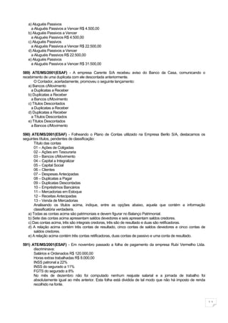a) Aluguéis Passivos
     a Aluguéis Passivos a Vencer R$ 4.500,00
   b) Aluguéis Passivos a Vencer
     a Aluguéis Passivos R$ 4.500,00
   c) Aluguéis Passivos
     a Aluguéis Passivos a Vencer R$ 22.500,00
   d) Aluguéis Passivos a Vencer
     a Aluguéis Passivos R$ 22.500,00
   e) Aluguéis Passivos
     a Aluguéis Passivos a Vencer R$ 31.500,00

589) ATE/MS/2001(ESAF) - A empresa Carente S/A recebeu aviso do Banco da Casa, comunicando o
recebimento de uma duplicata com ele descontada anteriormente.
       O Contador, acertadamente, promoveu o seguinte lançamento:
   a) Bancos c/Movimento
     a Duplicatas a Receber
   b) Duplicatas a Receber
     a Bancos c/Movimento
   c) Títulos Descontados
     a Duplicatas a Receber
   d) Duplicatas a Receber
     a Títulos Descontados
   e) Títulos Descontados
     a Bancos c/Movimento

590) ATE/MS/2001(ESAF) - Folheando o Plano de Contas utilizado na Empresa Berilo S/A, destacamos os
seguintes títulos, pendentes de classificação:
       Título das contas
       01 – Ações de Coligadas
       02 – Ações em Tesouraria
       03 – Bancos c/Movimento
       04 – Capital a Integralizar
       05 – Capital Social
       06 – Clientes
       07 – Despesas Antecipadas
       08 – Duplicatas a Pagar
       09 – Duplicatas Descontadas
       10 – Empréstimos Bancários
       11 – Mercadorias em Estoque
       12 – Receitas Antecipadas
       13 – Venda de Mercadorias
       Analisando os títulos acima, indique, entre as opções abaixo, aquela que contém a informação
       classificatória verdadeira.
   a) Todas as contas acima são patrimoniais e devem figurar no Balanço Patrimonial.
   b) Sete das contas acima apresentam saldos devedores e seis apresentam saldos credores.
   c) Das contas acima, três são integrais credoras, três são de resultado e duas são retificadoras.
   d) A relação acima contém três contas de resultado, cinco contas de saldos devedores e cinco contas de
       saldos credores.
   e) A relação acima contém três contas retificadoras, duas contas de passivo e uma conta de resultado.

591) ATE/MS/2001(ESAF) - Em novembro passado a folha de pagamento da empresa Rubi Vermelho Ltda.
      discriminava:
      Salários e Ordenados R$ 120.000,00
      Horas extras trabalhadas R$ 8.000,00
      INSS patronal a 22%
      INSS do segurado a 11%
      FGTS do segurado a 8%
      No mês de dezembro não foi computado nenhum reajuste salarial e a jornada de trabalho foi
      absolutamente igual ao mês anterior. Esta folha está dividida de tal modo que não há imposto de renda
      recolhido na fonte.



                                                                                                              11
 
