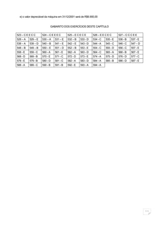 e) o valor depreciável da máquina em 31/12/2001 será de R$6.900,00


                           GABARITO DOS EXERCÍCIOS DESTE CAPÍTULO


523 – C E E C C      524 – C E E E C      525 – E C E C E       526 – E E C E C     527 – C C C E E
528 – A   529 – E    530 – A   531 – E    532 – B    533 - D    534 - C   535 - E   536 - B   537 - E
538 – A   539 – D    540 – B   541 – E    542 – E    543 - D    544 - A   545 - C   546 - C   547 – D
548 – B   549 – B    550 – E   551 – D    552 – B    553 - E    554 - C   555 - D   556 - C   557 - E
558 - E   559 - C    560 - A   561 - E    562 - A    563 - D    564 - C   565 - A   566 - B   567 - E
568 - D   569 - B    570 - E   571 - C    572 - D    573 - E    574 - A   575 - D   576 - D   577 - C
578 - E   579 - B    580 - D   581 - C    582 - A    583 - D    584 - A   585 - B   586 - D   587 - E
588 - A   589 - C    590 - B   591 - B    592 - E    593 - A    594 - A




                                                                                                        11
 