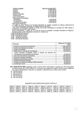 Contas Corrigidas                                  Valor da Correção (R$)
     Terrenos                                                     13.900.000,00
     Edifícios                                                    17.650.000,00
     Instalações                                                  16.140.000,00
     Móveis e Utensílios                                          12.210.000,00
     Capital Social                                               24.700.000,00
     Lucros Acumulados                                            28.170.000,00
     Depreciações Acumuladas
     - de Edifícios                                                1.420.000,00
     - de Instalações                                              3.228.000,00
     - de Móveis e Utensílios                                      2.442.000,00
   Informações Adicionais:
   - O saldo da conta “Reserva da Correção Monetária do Capital” constante do balanço patrimonial de
   31.12.89 foi totalmente incorporado ao Capital Social em 30.04.90.
   - Não foram contabilizadas adições ou baixas nas contas retrocitadas no ano-base de 1990, apenas a
   transferência de que trata o item anterior.
   Como conseqüência, o saldo em 31.12.90 da conta de resultado “Correção Monetária do Balanço”,
   transferido para a conta “Resultado do Exercício”, importou em:
 a) R$ 35.200.000,00 (devedor)
 b) R$ 27.530.000,00 (credor)
 c) R$ 7.030.000,00 (credor)
 d) R$ 60.000,00 (devedor)
 e) R$ 7.030.000,00 (devedor)


                                                                              Saldo em 31/12/88
    TÍTULOS
                                                                                           (R$)
    - receita da revenda de mercadorias                                            1.000.000,00
    - receita da prestação de serviço                                                600.000,00
    - vendas canceladas                                                              100.000,00
    - ICMS sobre a revenda de mercadorias                                            150.000,00
    - outros impostos incidentes sobre a receita de revenda de
       mercadorias e da prestação de serviços                                        47.000,00
    - custo das mercadorias revendidas                                              430.000,00
    - custos dos serviços vendidos                                                  310.000,00
    - despesas operacionais (outras)                                                293.000,00
    - receitas financeiras líquidas                                                  70.000,00
    - correção monetária do balanço (saldo devedor)                                  80.000,00
    - contribuição social                                                            40.000,00

631) (ESAF/AFTN-1989) Identifique, entre os itens acima relacionados, aqueles que são computados
   na determinação do LUCRO BRUTO e a natureza dos respectivos saldos. Efetue a soma algébrica
   dos valores identificados e assinale, em seguida, a alternativa que contém esse LUCRO.
 a) R$ 563.000,00
 b) R$ 270.000,00
 c) R$ 80.000,00
 d) R$ 200.000,00
 e) R$ 120.000,00



                       GABARITO DOS EXERCÍCIOS DESTE CAPÍTULO

595- A   596- E    597- C    598- A   599- C     600- E   601- B     602- C     603- A   604- C
605- C   606- E    607- D    608- E C E E E      609- C E E C C      610- A     611- E C E C E
612- A   613- D    614- B    615- B   616- C     617- A   618- D     619- D     620- B   621- D
622- E   623- E    624- C    625- E   626- B     627- A   628- D     629- B     630- D   631- A




                                                                                                        11
 