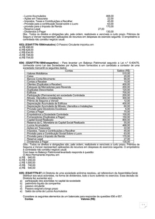 - Lucros Acumulados                                                       468,00
   - Ações em Tesouraria                                                      22,00
   - Impostos, Taxas e Contribuições a Recolher                               45,00
   - Provisão para a contribuição Social sobre o Lucro                        63,00
   - provisão para o Imposto de Renda                                        170,00
   - Reserva Legal                                                    27,00
   - Dividendos a Pagar                                                      130,00
   0bs.: Todos os direitos e obrigações são, pela ordem, realizáveis e vencíveis a curto prazo. Prêmios de
   Seguro a Vencer representam aplicações de recursos em despesas do exercido seguinte. O empréstimo à
   controlada não constitui negócio usual.

653) (ESAF/TTN-1994/matutino) O Passivo Circulante importou em
a) R$ 498,00
b) R$ 628,00
c) R$ 634,00
d) R$ 748,00
e) R$ 754,00

654) (ESAF/TTN-1994/vespertino) - Para levantar um Balanço Patrimonial segundo a Lei n.º 6.404/76,
    conhecida como Lei das Sociedades por Ações, foram fornecidos a um candidato a contador de uma
    sociedade mercantil os seguintes dados:
                                           Contas                                       Saldos (R$)
       - Valores Mobiliários                                                                 510,00
       - Caixa                                                                                20,00
       - Bancos Conta Movimento                                                               90,00
       - Contas a Receber                                                                     10,00
       - Clientes (Duplicatas a Receber)                                                     400,00
       - Estoques de Mercadorias para Revenda                                                200,00
       - Duplicatas Descontadas                                                              120,00
       - Edifícios                                                                           700,00
       - Participação (Permanente) em sociedade Controlada                                   200,00
       - Móveis, Utensílios e Instalações                                                    300,00
       - Prêmio de Seguros a Vencer                                                           12,00
       - Depreciação Acumulada de Edifícios                                                  400,00
       - Depreciação Acumulada de Móveis, Utensílios e Instalações                            60,00
       - Provisão para Devedores Duvidosos                                                     6,00
       - Contas a Pagar                                                                       70,00
       - Empréstimos a Sociedade Controlada                                                  100,00
       - Fornecedores (Duplicatas a Pagar)                                                   150,00
       - Capital Social Realizado                                                            800,00
       - Reserva da C. Monetária do Capital Social Realizado                                  55,00
       - Lucros Acumulados                                                                   468,00
       - Ações em Tesouraria                                                                  22,00
       - Impostos, Taxas e Contribuições a Recolher                                           45,00
       - Provisão para a Contribuição Social Sobre o Lucro                                    63,00
       - Provisão para o Imposto de Renda                                                    170,00
       - Reserva Legal                                                                        27,00
       - Dividendos a Pagar                                                                  130,00
    Obs.: Todos os direitos e obrigações são, pela ordem, realizáveis e vencíveis a curto prazo. Prêmios de
    Seguros a Vencer representam aplicações de recursos em despesas do exercício seguinte. O empréstimo
    à controlada não constitui negócio usual.
    Com base no Balanço Patrimonial levantado responda à questão:
    O Ativo Permanente importou em
a) R$ 940,00
b) R$ 1.200,00
c) R$ 1.000,00
d) R$ 740,00
e) R$ 540,00

655) (ESAF/TTN-97) A Diretoria de uma sociedade anônima resolveu, ad referendum da Assembléia-Geral,
   distribuir aos seus acionistas, na forma de dividendos, todo o lucro auferido no exercício. Essa decisão da
   Diretoria fez aumentar a(o)
 a) participação dos acionistas no capital da sociedade
 b) patrimônio líquido da companhia
 c) passivo circulante
 d) Passivo exigível a longo prazo
 e) Saldo da conta de Lucros Acumulados

   Considere os seguintes elementos de um balancete para responder às questões 656 e 657.
    Contas                                           Valores (R$)

                                                                                                                 11
 