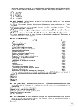 Sabendo-se que esta empresa não tem resultados de exercícios futuros e que suas dívidas representam
   20% dos recursos aplicados atualmente no patrimônio, podemos afirmar que o valor total de seus ativos é
   de
 a) R$ 1.200.000,00
 b) R$ 750.000,00
 c) R$ 600.000,00
 d) R$ 1.500.000,00
 e) R$ 1.350.000,00

660) (ESAF-CVM/2001) Comparando-se o conceito do Ativo Permanente Diferido com o das Despesas
    Antecipadas, pode-se dizer que
a) O Diferido é formado por despesas já incorridas e não pagas que afetam exclusivamente o Passivo
    Circulante
b) As Despesas Antecipadas são formadas por despesas incorridas e não pagas que afetam o Passivo
    Circulante e o Exigível de Longo Prazo
c) As Despesas Antecipadas registram despesas pagas e não incorridas e o Diferido é formado por despesas
    já incorridas
d) As Despesas Antecipadas alteram o Resultado Não-Operacional e o Diferido o Resultado Operacional
e) O Diferido afeta os resultados do exercício através de amortizações baseadas em estimativas e as
    Despesas Antecipadas quando são pagas

661) (ESAF/AFTN-1994/março)
                                       CONTAS                                           $
     Caixa                                                                                10,00
     Bancos Conta Movimento                                                               20,00
     Duplicatas a Receber                                                              3.000,00
     Duplicatas Descontadas                                                              600,00
     Provisão para Devedores Duvidosos                                                    45,00
     Adiantamentos para Despesas de Viagens                                               30,00
     Benefícios Sociais a Recuperar                                                      200,00
     Impostos a Recuperar                                                                 70,00
     Estoques de Mercadorias para Revenda                                              1.000,00
     Prêmios de Seguros a Vencer                                                         120,00
     Despesas Financeiras Pagas Antecipadamente                                           80,00
     Empréstimos a Sociedades Controladas                                                240,00
     Aplicações Financeiras                                                              410,00
     Participações em Sociedades Controladas                                             900,00
     Terrenos                                                                            500,00
     Edifícios                                                                           880,00
     Móveis e Utensílios                                                                 340,00
     Depreciações Acumuladas de Edifícios                                                264,00
     Depreciações Acumuladas de Móveis e Utensílios                                      272,00
     Despesas Pré-Operacionais                                                           320,00
     Amortizações Acumuladas de Despesas Pré-Operacionais                                256,00
    Com base nos elementos acima, extraídos de um balanceie final de 31/12/X3, determine o montante do
    ATIVO, no Balanço Patrimonial correspondente, e assinale a opção que o contêm
a) $ 6,683.00
b) $ 7,328.00
c) $ 7,883.00
d) $ 7,928.00
e) $ 8,120.00

662) (Unb/CESPE-STM-99) Considerando o grau de liquidez a ser respeitado na apresentação das contas
    que compõem o ativo, os estoques de mercadorias para revenda em uma empresa varejista devem ser
    apresentados
a) antes das contas a receber de vendas a prazo.
b) após as contas a receber de vendas a prazo.
c) antes das aplicações financeiras de liquidez imediata.
d) após o ativo realizável a longo prazo.
e) no ativo imobilizado.

663) (Unb/CESPE-STM-99) Os direitos que tenham por objeto bens destinados à manutenção das atividades
    da companhia e da empresa, ou exercidos com essa finalidade, inclusive os de propriedade industrial ou
    comercial, devem ser classificados no ativo
a) circulante.

                                                                                                             11
 