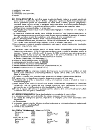 b) realizável a longo prazo.
c) imobilizado.
d) permanente, em investimentos.
e) diferido.

664) (PCF/UnB/CESPE-97) Do patrimônio resulta o patrimônio líquido, mediante a equação considerada
    como básica na contabilidade: (bens + direitos) - (obrigações) = patrimônio liquido. Esses componentes
    básicos patrimoniais podem ser denominados de ativos (bens + direitos), passivos (obrigações) e
    patrimônio líquido, sendo que todos os elementos patrimoniais devem ter contas correspondentes para
    representá-los, possibilitando os registros a débito e a crédito e a apuração dos respectivos saldos.
    Relativamente a esse assunto, julgue os itens a seguir.
(1) As aplicações temporárias em ouro devem ser classificadas no grupo de investimentos, como subgrupo do
    ativo permanente.
(2) A depreciação de terrenos é utilizada com a finalidade de distribuir o custo do capital neles aplicado ao
    longo de sua vida economicamente útil, abrangendo diversos períodos contábeis de apuração de resultado,
    e o saldo acumulado deve ser demonstrado em conta redutora do ativo, com saldo devedor.
(3) Marcas, direitos e patentes industriais devem ser classificados no ativo diferido.
(4) As debêntures emitidas pelas empresas com cláusula de conversibilidade em ações, inclusive juros e
    participações, devem ser classificadas no passivo circulante ou exigível a longo prazo.
(5) As provisões para resgate de partes beneficiárias com prazo superior a dois anos devem ser classificadas
    no passivo exigível a longo prazo.

665) (ESAF/TFC-1996) Uma empresa possuía um veículo, utilizado no desempenho de suas atividades,
    registrado contabilmente por 20.000,00 (valor de aquisição + correção monetária) e depreciado em 40% do
    seu valor. Vendeu-o por 15.000,00, em 31 de outubro de 1995, concedendo prazo ao comprador para
    pagamento até o final de fevereiro de 1996, com juros de 5% ao mês, recebidos no ato da venda. A
    empresa encerra seu exercício social em 31 de dezembro de cada ano.
    A operação proporcionou à empresa vendedora
a) redução do ativo imobilizado no valor de 20.000,00
b) resultado operacional positivo no valor de 6.000,00
c) aumento do ativo circulante no valor de 18.000,00
d) aumento da receita financeira do exercício de 1995 no valor de 3.000,00
e) aumento do patrimônio líquido no valor de 3.000,00

666) (INSS/CESPE-98) As empresas mercantis devem preparar as demonstrações contábeis em cada
    período, nelas contemplando o valor correspondente ao imposto sobre a renda. Acerca desse assunto.
    julgue os itens a seguir.
(1) No balanço, o imposto sobre a renda pode ser apresentado no ativo e no passivo, simultaneamente.
(2) O imposto sobre a renda pode ser um passivo circulante ou um passivo de longo prazo.
(3) O imposto sobre a renda, se classificável no ativo, será registrado sempre no circulante e nunca no
    realizável a longo prazo.
(4) Pelas normas fiscais, o valor do imposto sobre a renda provisionado em despesa em um determinado
    período não pode ser afetado por uma despesa considerada como não-dedutível, em condições
    permanentes, que tenha influenciado na determinação do lucro líquido do período.
(5) O valor de imposto sobre a renda de ajuste de exercícios anteriores deve ser reconhecido como resultado
    do exercício em que o ajuste foi contabilizado.

667) (CESPE/STM/SUPERIOR/99) Serão classificados(as) como resultados de exercício futuro
a) as receitas de exercícios futuros, diminuídas dos custos e despesas a elas correspondentes.
b) os valores de contingências passivas, improváveis ou impróprios para serem classificados como
    exigibilidade.
c) os gastos diferidos.
d) os impostos e as contribuições diferidos, por diferença temporal no reconhecimento como resultado pelo
    método contábil em relação ao fiscal.
e) somente os tributos diferidos.

668) (ESAF/AFTN-1994/setemb.) Balanço em 01.06.94
    Mercadorias         10,00                Capital                          20,00
    Caixa               15,00                Contas a Pagar                   5,00
    Total               25,00                Total                            25,00
  Balanço em 30.06.94
    Mercadorias         10,00                Capital                          10,00
    Caixa                5,00                Contas a Pagar                   5,00
    Total               15,00                Total                            15,00


                                                                                                                11
 