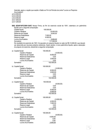 Assinale, agora, a opção que expõe o Saldo ao Fim do Período da conta "Lucros ou Prejuízos
    Acumulados".
a) $ 2.600,00
b) $ 2.400,00
c) $ 2.000,00
d) $ 1.600,00
e) $ 1.200,00

695) (ESAF/AFC/2001-SAF) Nossa Firma, ao fim do exercício social de 19X1, ostentava um patrimônio
   líquido com a seguinte composição:
   Capital Social                               100.000,00
   Capital a Realizar                                    (9.000,00)
   Reservas de Capital                                    8.000,00
   Reservas Estatutárias                          7.000,00
   Reserva Legal                                  6.000,00
   Lucros Acumulados                                      5.000,00
   Somatório                                            117.000,00
   No resultado do exercício de 19X1, foi apurado um prejuízo líquido no valor de R$ 15.000,00, que deverá
   ser absorvido por recursos próprios anteriores. Assim sendo, o novo patrimônio líquido, após a absorção
   do prejuízo do exercício, deverá ter a seguinte composição:

a) Capital Social                           100.000,00
            Capital a Realizar                               ( 9.000,00)
            Reservas de Capital                       8.000,00
            Reservas Estatutárias                         0,00
            Reserva Legal                             3.000,00
            Lucros Acumulados                             0,00
   Somatório                                        102.000,00

b) Capital Social                           100.000,00
            Capital a Realizar                               ( 9.000,00)
            Reservas de Capital                       8.000,00
            Reservas Estatutárias                     3.000,00
            Reserva Legal                                 0,00
            Lucros Acumulados                             0,00
   Somatório                                        102.000,00

c) Capital Social                            100.000,00
            Capital a Realizar                               (9.000,00)
            Reservas de Capital                           0,00
            Reservas Estatutárias                         0,00
            Reserva Legal                             6.000,00
            Lucros Acumulados                         5.000,00
   Somatório                                        102.000,00

d) Capital Social                           100.000,00
            Capital a Realizar                               ( 9.000,00)
            Reservas de Capital                       4.000,00
            Reservas Estatutárias                     7.000,00
            Reserva Legal                                 0,00
            Lucros Acumulados                             0,00
   Somatório                                        102.000,00

e) Capital Social                           100.000,00
            Capital a Realizar                                (9.000,00)
            Reservas de Capital                       8.000,00
            Reservas Estatutárias                         0,00
            Reserva Legal                                 0,00
            Lucros Acumulados                         3.000,00

                                                                                                             11
 