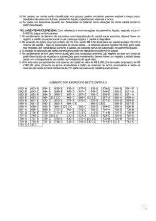 d) No passivo as contas serão classificadas nos grupos passivo circulante, passivo exigível a longo prazo,
   resultados de exercícios futuros, patrimônio líquido, capital social, reservas e lucros.
e) As ações em tesouraria deverão ser destacadas no balanço como dedução da conta capital social no
   patrimônio líquido.

743) (AGENTE-PF/CESPE/2000) Com referência a movimentações do patrimônio líquido, segundo a Lei n.º
    6.404/76, julgue os itens abaixo.
1. No recebimento de dinheiro de acionistas para integralização do capital social subscrito, deverá haver um
    registro a crédito do capital social ou da conta que registra o capital a integralizar.
2. Na emissão de ações ao preço unitário de R$ 1,00, sendo R$ 0,50 destinados ao capital social e R$ 0,50 à
    reserva de capital – ágio na subscrição de novas ações -, a empresa deverá registrar R$ 0,80 para cada
    real recebido, por conta desse aumento e capital, na conta de bônus de subscrição, no patrimônio líquido.
3. O produto da alienação de partes beneficiárias pode ser registrado no patrimônio líquido.
4. No recebimento de um bem imóvel doado por uma sociedade anônima cujo registro se dará em conta de
    patrimônio líquido de doações e subvenções para investimento, deverá haver um registro a débito dessa
    conta, em contrapartida de um crédito no imobilizado de igual valor.
5. Uma empresa que apresentar uma reserva de capital no valor de R$ 8.000,00 e um saldo de prejuízo de R$
    2.000,00, após consumir os lucros acumulados e todas as reservas de lucros acumulados e todas as
    reservas de lucros, poderá compensá-lo com parte da reserva de capital que ela possui.




                           GABARITO DOS EXERCÍCIOS DESTE CAPÍTULO

632- A    633- B     634- E    635- E    636- B      637- E    638- B    639- E    640- B       641- D
642- E    643- C     644- A    645- B    646- D      647- C    648- C    649- D    650- C       651- A
652- D    653- B     654- D    655- C    656- A      657- E    658- C    659- D    660- C       661- A
662- E    663- C     664- C E E C C      665- C      666- C C E E E      667- A    668- A       669- A
670- B    671- E     672- C    673- E    674- A      675- E    676- B    677- D    678- D       679- D
680- A    681- D     682- E    683- A    684- C E              685- E C E E        686- D       687- D
688- A    689- C     690- B    691- E C E C C        692- C    693- D    694- C    695- A       696- B
697- A    698- C     699- B    700- D    701- E      702- C    703- D    704- A    705- D       706- B
707- D    708- E     709- A    710- E    711- E      712- D    713- D    714- B    715- C       716- B
717- C    718- C     719- C E E C        720- E      721- A    722- D    723- C    724- A       725- A
726- A    727- E     728- C    729- E    730- E      731- C C E C E      732- B    733- B       734- D
735- D    736- B     737- D    738- C    739- E      740- E E E C C      741- E E C C E         742- C
743- C E C E C




                                                                                                                11
 