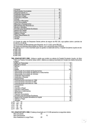Compras                                                              50
    Depreciações Acumuladas                                               1
    Despesas Gerais (1)                                                  30
    Duplicatas Descontadas                                               12
    Duplicatas a Pagar                                                   19
    Duplicatas a Receber                                                 20
    Imóveis                                                               4
    Impostos a Recuperar                                                  2
    Lucros Acumulados                                                     1
    Máquinas e Equipamentos                                               3
    Mercadorias para Revenda (2)                                          5
    Móveis e Utensílios                                                   2
    Provisão para Devedores Duvidosos                                     1
    Reserva de Capital                                                    2
    Reserva de Lucros                                                     1
    Salários a Pagar                                                      7
    Títulos Descontados (3)                                               9
    Veículos                                                              4
    Vendas                                                               60

  (1) Consta do saldo de Despesas Gerais prêmio de seguro de R$ 3,00, cuja apólice cobre o período de
  01.09.93 a 31.08.94;
  (2) O inventário de Mercadorias para Revenda, em 31.12.93, soma R$ 6,00
  (3) Notas promissórias descontadas em Banco, com vencimento para 30.06.94.
  No balanço de 31.12.93, levantado após os ajustes no balancete acima, o Capital Circulante Líquido era de:
  a) (R$ 2,00)
  b) (R$ 4,00)
  c) (R$ 5,00)
  d) (R$ 8,00)
  e) (R$ 3,00)

760) (ESAF/AFC/SFC-1996) Indique a opção que contém os valores do Capital Circulante Líquido, do Ativo
    Total e do Passivo Circulante nessa ordem, relativos ao balanço levantado em função dos dados transcritos
    a seguir:
     Ações em Tesouraria                                                                  12
     Aluguéis a Vencer                                                                     4
      Bancos                                                                              10
     Caixa                                                                                 5
     Capital                                                                             140
      Depreciação Acumulada de Equipamentos                                                3
      Depreciação Acumulada de Máquinas e instrumentos                                     5
      Depreciação Acumulada de Veículos                                                   12
      Duplicatas Descontadas                                                              10
      Duplicatas a Receber                                                                40
      Equipamentos                                                                        30
      Financiamentos vencíveis em 1996                                                     6
      Financiamentos vencíveis em l997                                                     4
      Financiamentos vencíveis em 1998                                                     2
      Fornecedores                                                                         7
      Imóveis                                                                             20
      Impostos a Pagar                                                                     8
      Impostos a Recuperar                                                                14
      Máquinas e Instrumentos                                                             25
      Mercadorias                                                                         25
      Prejuízos Acumulados                                                                18
      Provisão para Devedores Duvidosos                                                    3
      Reserva de Correção Monetária do Capital                                            50
      Salários a Pagar                                                                    13
      Veículos                                                                            60
a) 45 - 115 - 34
b) 45 - 200 - 40
c) 51 - 85 - 34
d) 51 - 85 - 40
e) 51 - 200 - 34

761) (ESAF/AFC/SFC-1996) O balanço levantado em 31.5.96 apresenta os seguintes dados:
   Ativo Circulante                     40
   Ativo Permanente                            15
   Ativo Realizável a Longo Prazo       20

                                                                                                                11
 