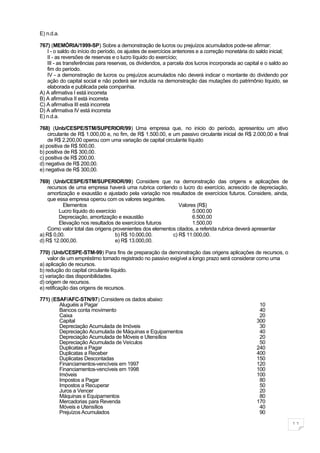 E) n.d.a.

767) (MEMÓRIA/1999-SP) Sobre a demonstração de lucros ou prejuízos acumulados pode-se afirmar:
   I - o saldo do início do período, os ajustes de exercícios anteriores e a correção monetária do saldo inicial;
   II - as reversões de reservas e o lucro líquido do exercício;
   III - as transferências para reservas, os dividendos, a parcela dos lucros incorporada ao capital e o saldo ao
   fim do período.
   IV - a demonstração de lucros ou prejuízos acumulados não deverá indicar o montante do dividendo por
   ação do capital social e não poderá ser incluída na demonstração das mutações do patrimônio líquido, se
   elaborada e publicada pela companhia.
A) A afirmativa I está incorreta
B) A afirmativa II está incorreta
C) A afirmativa III está incorreta
D) A afirmativa IV está incorreta
E) n.d.a.

768) (Unb/CESPE/STM/SUPERIOR/99) Uma empresa que, no inicio do período, apresentou um ativo
    circulante de R$ 1.000,00 e, no fim, de R$ 1.500.00, e um passivo circulante inicial de R$ 2.000,00 e final
    de R$ 2.200,00 operou com uma variação de capital circulante líquido
a) positiva de R$ 500,00.
b) positiva de R$ 300,00.
c) positiva de R$ 200,00.
d) negativa de R$ 200,00.
e) negativa de R$ 300,00.

769) (Unb/CESPE/STM/SUPERIOR/99) Considere que na demonstração das origens e aplicações de
   recursos de uma empresa haverá uma rubrica contendo o lucro do exercício, acrescido de depreciação,
   amortização e exaustão e ajustado pela variação nos resultados de exercícios futuros. Considere, ainda,
   que essa empresa operou com os valores seguintes.
          Elementos                                         Valores (R$)
        Lucro líquido do exercício                                5.000.00
        Depreciação, amortização e exaustão                       6.500,00
        Elevação nos resultados de exercícios futuros             1.500,00
   Como valor total das origens provenientes dos elementos citados, a referida rubrica deverá apresentar
a) R$ 0,00.                       b) R$ 10.000,00.       c) R$ 11.000,00.
d) R$ 12.000,00.                  e) R$ 13.000,00.

770) (Unb/CESPE-STM-99) Para fins de preparação da demonstração das origens aplicações de recursos, o
    valor de um empréstimo tomado registrado no passivo exigível a longo prazo será considerar como uma
a) aplicação de recursos.
b) redução do capital circulante líquido.
c) variação das disponibilidades.
d) origem de recursos.
e) retificação das origens de recursos.

771) (ESAF/AFC-STN/97) Considere os dados abaixo:
        Aluguéis a Pagar                                                                           10
        Bancos conta movimento                                                                     40
        Caixa                                                                                      20
        Capital                                                                                   300
        Depreciação Acumulada de Imóveis                                                           30
        Depreciação Acumulada de Máquinas e Equipamentos                                           40
        Depreciação Acumulada de Móveis e Utensílios                                               20
        Depreciação Acumulada de Veículos                                                          50
        Duplicatas a Pagar                                                                        240
        Duplicatas a Receber                                                                      400
        Duplicatas Descontadas                                                                    150
        Financiamentos-vencíveis em 1997                                                          120
        Financiamentos-vencíveis em 1998                                                          100
        Imóveis                                                                                   100
        Impostos a Pagar                                                                           80
        Impostos a Recuperar                                                                       50
        Juros a Vencer                                                                             20
        Máquinas e Equipamentos                                                                    80
        Mercadorias para Revenda                                                                  170
        Móveis e Utensílios                                                                        40
        Prejuízos Acumulados                                                                       90

                                                                                                                    11
 