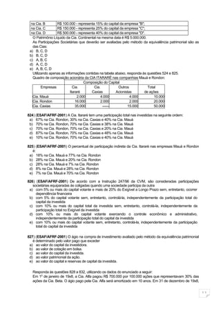 na Cia. B       R$ 100.000 - representa 15% do capital da empresa "B";
  na Cia. C       R$ 150.000 - representa 25% do capital da empresa "C";
  na Cia. D       R$ 500.000 - representa 40% do capital da empresa "D".
   O Patrimônio Líquido da Cia. Continental na mesma data é R$ 5.000.000.
   As Participações Societárias que deverão ser avaliadas pelo método da equivalência patrimonial são as
   das Cias:
 a) B, C, D
 b) B, C, D
 c) A, B, C
 d) A, C, D
 e) A, B, C, D
   Utilizando apenas as informações contidas na tabela abaixo, responda às questões 524 e 825.
   Quadro de composição acionária da CIA ITARARÉ nas companhias Mauá e Rondon:
                                    Composição do Capital
         Empresas            Cia.         Cia.           Outros            Total
                           Itararé      Caxias         Acionistas        de ações
   Cia. Mauá                    2.000         4.000              4.000         10.000
   Cia. Rondon                 16.000         2.000              2.000         20.000
   Cia. Caxias                 35.000          ------          15.000          50.000

824) (ESAF/AFRF-2001) A Cia. Itararé tem uma participação total nas investidas na seguinte ordem:
 a) 67% na Cia. Rondon, 30% na Cia. Caxias e 40% na Cia. Mauá
 b) 70% na Cia. Rondon, 70% na Cia. Caxias e 38% na Cia. Mauá
 c) 70% na Cia. Rondon, 70% na Cia. Caxias e 20% na Cia. Mauá
 d) 87% na Cia. Rondon, 70% na Cia. Caxias e 48% na Cia. Mauá
 e) 10% na Cia. Rondon, 70% na Cia. Caxias e 40% na Cia. Mauá

825) (ESAF/AFRF-2001) O percentual de participação indireta da Cia. Itararé nas empresas Mauá e Rondon
   é:
 a) 18% na Cia. Mauá e 77% na Cia. Rondon
 b) 28% na Cia. Mauá e 20% na Cia. Rondon
 c) 28% na Cia. Mauá e 7% na Cia. Rondon
 d) 8% na Cia. Mauá e 28% na Cia. Rondon
 e) 7% na Cia. Mauá e 70% na Cia. Rondon

826) (ESAF/AFRF-2001) De acordo com a Instrução 247/96 da CVM, são consideradas participações
   societárias equiparadas às coligadas quando uma sociedade participa da outra
 a) com 5% ou mais do capital votante e mais de 20% do Exigível a Longo Prazo sem, entretanto, ocorrer
     dependência financeira
 b) com 5% do capital votante sem, entretanto, controlá-la, independentemente da participação total do
     capital da investida
 c) com 10% ou mais do capital total da investida sem, entretanto, controlá-la, independentemente da
     participação total no Exigível da investida
 d) com 10% ou mais do capital votante exercendo o controle econômico e administrativo,
     independentemente da participação total do capital da investida
 e) com 10% ou mais do capital votante sem, entretanto, controlá-la, independentemente da participação
     total do capital da investida

827) (ESAF/AFRF-2001) O ágio na compra de investimento avaliado pelo método da equivalência patrimonial
   é determinado pelo valor pago que exceder
 a) ao valor do capital da investidora.
 b) ao valor de cotação em bolsa.
 c) ao valor do capital da investida.
 d) ao valor patrimonial da ação.
 e) ao valor do capital e reservas de capital da investida.

   Responda às questões 828 a 832, utilizando os dados do enunciado a seguir:
   Em 10 de janeiro de 19x8, a Cia. Alfa pagou R$ 700.000 por 100.000 ações que representavam 30% das
   ações da Cia. Beta. O ágio pago pela Cia. Alfa será amortizado em 10 anos. Em 31 de dezembro de 19x8,


                                                                                                           11
 