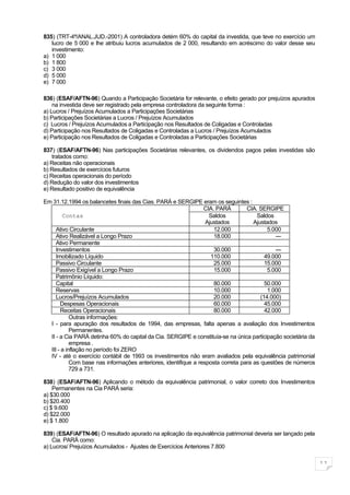 835) (TRT-4ª/ANAL.JUD.-2001) A controladora detém 60% do capital da investida, que teve no exercício um
   lucro de 5 000 e lhe atribuiu lucros acumulados de 2 000, resultando em acréscimo do valor desse seu
   investimento:
a) 1 000
b) 1 800
c) 3 000
d) 5 000
e) 7 000

836) (ESAF/AFTN-96) Quando a Participação Societária for relevante, o efeito gerado por prejuízos apurados
    na investida deve ser registrado pela empresa controladora da seguinte forma :
a) Lucros / Prejuízos Acumulados a Participações Societárias
b) Participações Societárias a Lucros / Prejuízos Acumulados
c) Lucros / Prejuízos Acumulados a Participação nos Resultados de Coligadas e Controladas
d) Participação nos Resultados de Coligadas e Controladas a Lucros / Prejuízos Acumulados
e) Participação nos Resultados de Coligadas e Controladas a Participações Societárias

837) (ESAF/AFTN-96) Nas participações Societárias relevantes, os dividendos pagos pelas investidas são
    tratados como:
a) Receitas não operacionais
b) Resultados de exercícios futuros
c) Receitas operacionais do período
d) Redução do valor dos investimentos
e) Resultado positivo de equivalência

Em 31.12.1994 os balancetes finais das Cias. PARÁ e SERGIPE eram os seguintes :
                                                                 CIA. PARÁ        CIA. SERGIPE
        Contas                                                     Saldos             Saldos
                                                                  Ajustados          Ajustados
     Ativo Circulante                                                12.000                5.000
     Ativo Realizável a Longo Prazo                                  18.000                   ---
     Ativo Permanente
     Investimentos                                                   30.000                   ---
     Imobilizado Líquido                                            110.000               49.000
     Passivo Circulante                                              25.000               15.000
     Passivo Exigível a Longo Prazo                                  15.000                5.000
     Patrimônio Líquido:
     Capital                                                         80.000               50.000
     Reservas                                                        10.000                1.000
     Lucros/Prejuízos Acumulados                                     20.000             (14.000)
       Despesas Operacionais                                         60.000               45.000
       Receitas Operacionais                                         80.000               42.000
            Outras informações:
  I - para apuração dos resultados de 1994, das empresas, falta apenas a avaliação dos Investimentos
            Permanentes.
  II - a Cia PARÁ detinha 60% do capital da Cia. SERGIPE e constituía-se na única participação societária da
            empresa .
  III - a inflação no período foi ZERO
  IV - até o exercício contábil de 1993 os investimentos não eram avaliados pela equivalência patrimonial
            Com base nas informações anteriores, identifique a resposta correta para as questões de números
            729 a 731.

838) (ESAF/AFTN-96) Aplicando o método da equivalência patrimonial, o valor correto dos Investimentos
    Permanentes na Cia PARÁ seria:
a) $30.000
b) $20.400
c) $ 9.600
d) $22.000
e) $ 1.800

839) (ESAF/AFTN-96) O resultado apurado na aplicação da equivalência patrimonial deveria ser lançado pela
    Cia. PARÁ como:
a) Lucros/ Prejuízos Acumulados - Ajustes de Exercícios Anteriores 7.800

                                                                                                               11
 