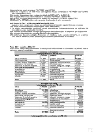 Julgue os itens a seguir, acerca do PIS/PASEP e da COFINS.
1 Alteração na legislação em 1998 trouxe a elevação da alíquota combinada do PIS/PASEP e da COFINS,
   para o setor petroquímico.
2 As receitas financeiras entram na base de cálculo do PIS/PASEP e da COFINS.
3 As despesas financeiras entram na base de cálculo do PIS/PASEP e da COFINS.
4 As receitas tributadas pelo imposto sobre serviço são isentas do PIS/PASEP e da COFINS.
5 PIS/PASEP e COFINS incidem sobre a receita de alienação de ativo permanente.

885) Unb/CESPE-PETROBRÁS-CONTADOR (30/09/2001)
   Julgue os itens a seguir, com relação aos efeitos inflacionários sobre o patrimônio das empresas.
1 Os ativos monetários não são afetados pelos efeitos inflacionários.
2 Os ativos não-monetários produzem perdas inflacionárias, independentemente da aplicação de
   indexadores para a atualização monetária.
3 Os passivos monetários sem encargos geram ganhos inflacionários para as empresas que os possuem.
4 Os estoques de produtos em processo são itens não-monetários.
5 Na elaboração das demonstrações financeiras em moeda de poder aquisitivo constante, só se admite
   uma data de referência para a apresentação dos valores patrimoniais e de resultado.




Texto CE-II – questões 886 e 887
Nos quadros a seguir são apresentados os balanços da controladora e da controlada, e a planilha para se
elaborar o balanço consolidado.
                                       empresa controladora
                                  balanço patrimonial (em R$ mil)
       ativo                          31/12/200    passivo                          31/12/200
                                      0                                             0
       ativo circulante               376.000      passivo circulante               443.000
       disponibilidades               25.000       fornecedores                     125.000
       contas a receber de vendas     276.000      pessoal e encargos a pagar       78.000
       estoque de mercadorias         65.000       tributos a pagar                 125.000
       despesas do período seguinte 10.000         aluguéis e seguros a pagar       15.000
       realizável a longo prazo       15.000       dividendos                       25.000
       empréstimos                    15.000       empréstimos                      75.000
       permanente                     287.000      patrimônio líquido               235.000
       investimentos                  125.000      capital social                   130.000
       imobilizado                    150.000      reservas de capital              20.000
       diferido                       12.000       reservas de lucros               25.000
                                                   lucros acumulados                60.000
       total                          678.000      total                            678.000

                                       empresa controlada
                                 balanço patrimonial (em R$ mil)
      ativo                          31/12/200   passivo                             31/12/200
                                     0                                               0
      Circulante                        161.500  circulante                             141.250
      disponibilidades                   12.500  fornecedores                            35.000
      contas a receber de vendas         75.000  pessoal e encargos a pagar              12.500
      estoque de mercadorias             69.000  tributos a pagar                        56.000
      despesas do período seguinte        5.000  aluguéis e seguros a pagar               5.000
      realizável a longo prazo                0  dividendos de minoritários              12.000
      Empréstimos                             0  empréstimos                             20.750
      permanente                        136.000  patrimônio líquido                     156.250
      investimentos                           0  capital social                         100.000
      imobilizado                       135.000  reservas de capital                      5.000
      diferido                            1.000  reservas de lucros                       1.250
                                                     lucros acumulados                   50.000
      Total                               297.500    total                              297.500

                            balanço patrimonial consolidado (em R$ mil)




                                                                                                          11
 